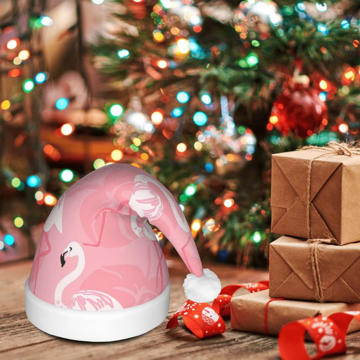Summer Flamingo Palm Leaves Print LED Santa Hat for Adults Christmas Party