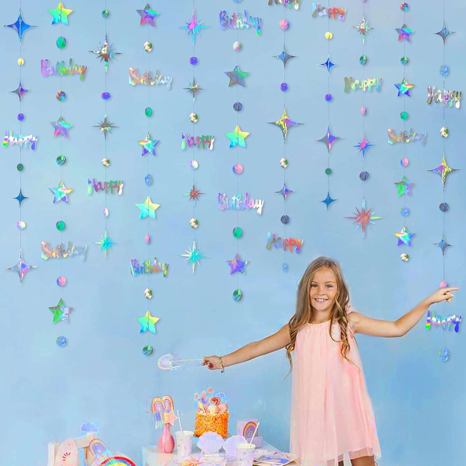 Iridescent Happy Birthday Garland Circle Dots Stars