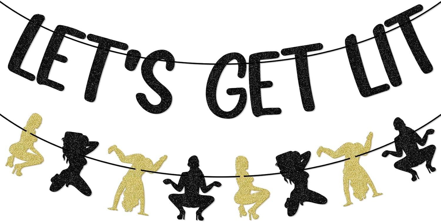 Lets Get Lit Black Gold Glitter Banner