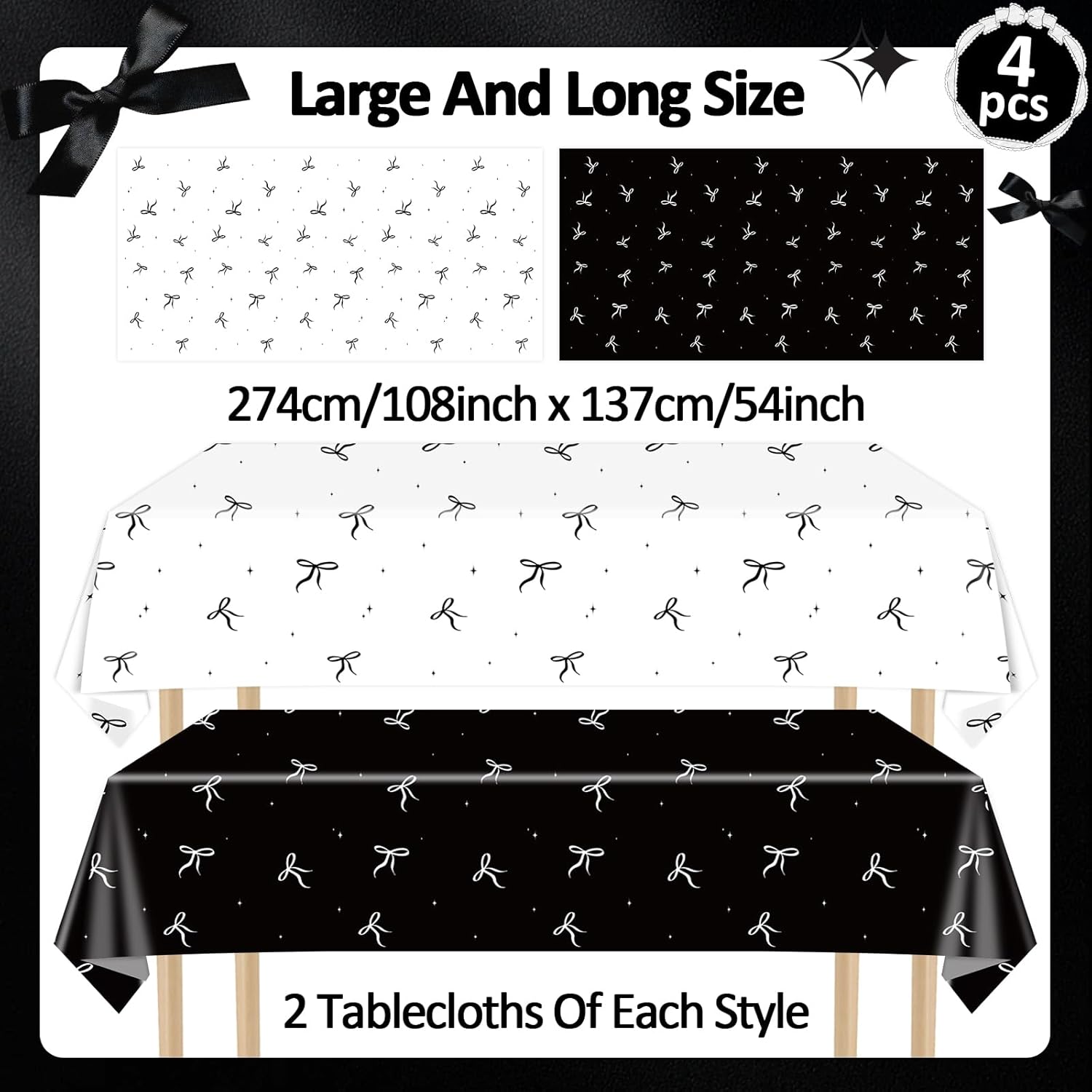 4Pcs Black White Bow Tablecloth for Birthday Party Decorations