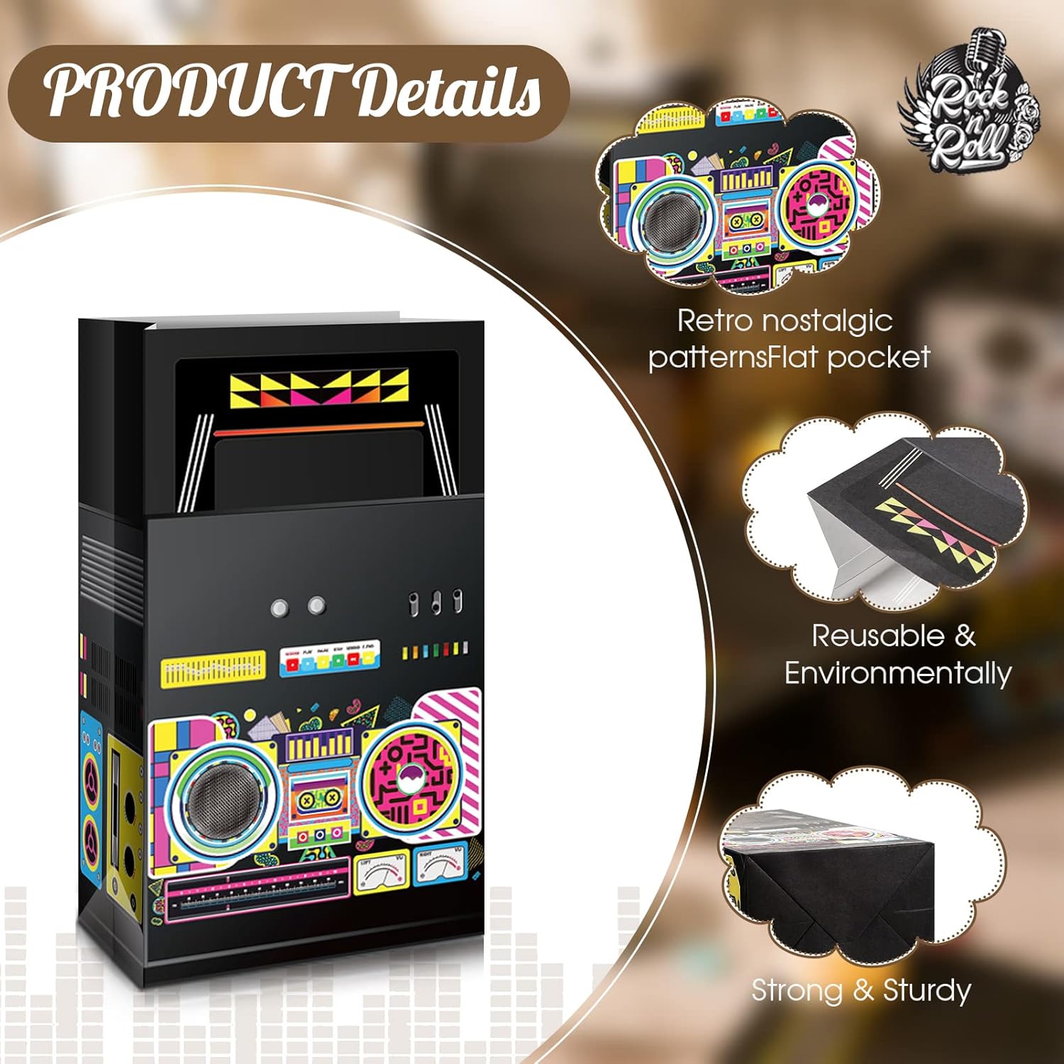 Nezyo 24 Piece 80s 90s Party Favor Bags with Retro Boombox Designs