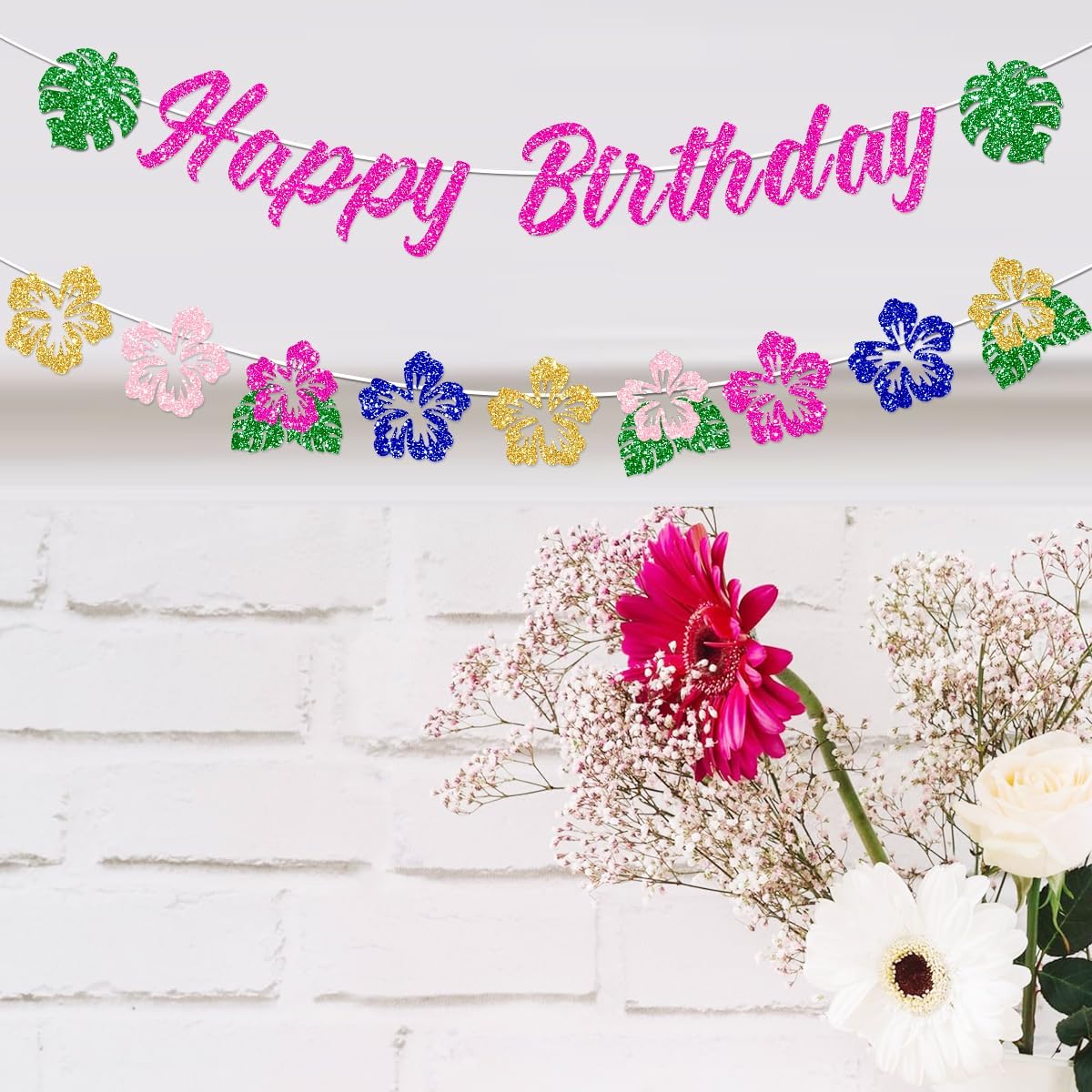 Hawaiian Happy Birthday Banner Decorations Glitter Luau Party