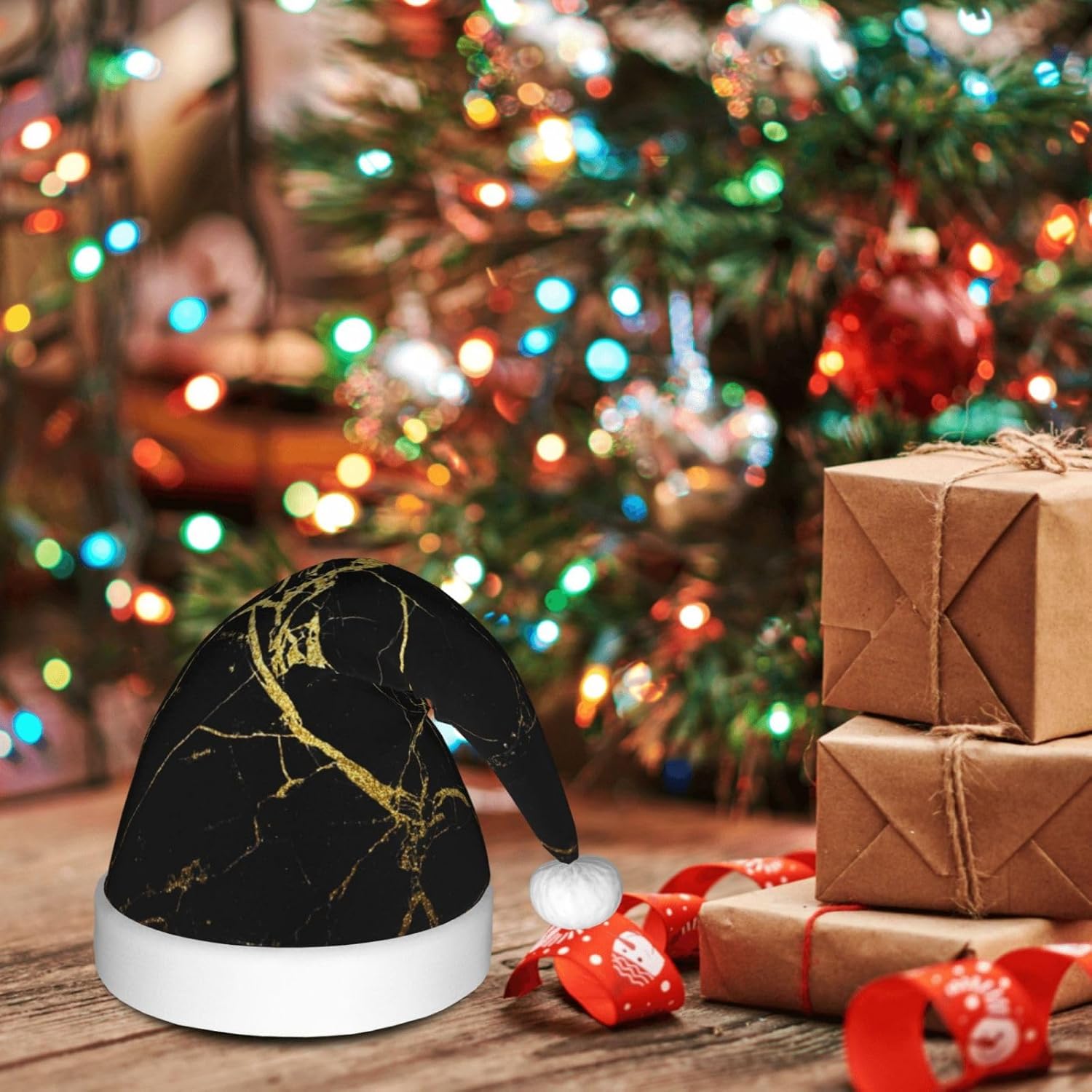 QINZHENG Gold Black Santa Hat Velvet Plush Xmas Decoration