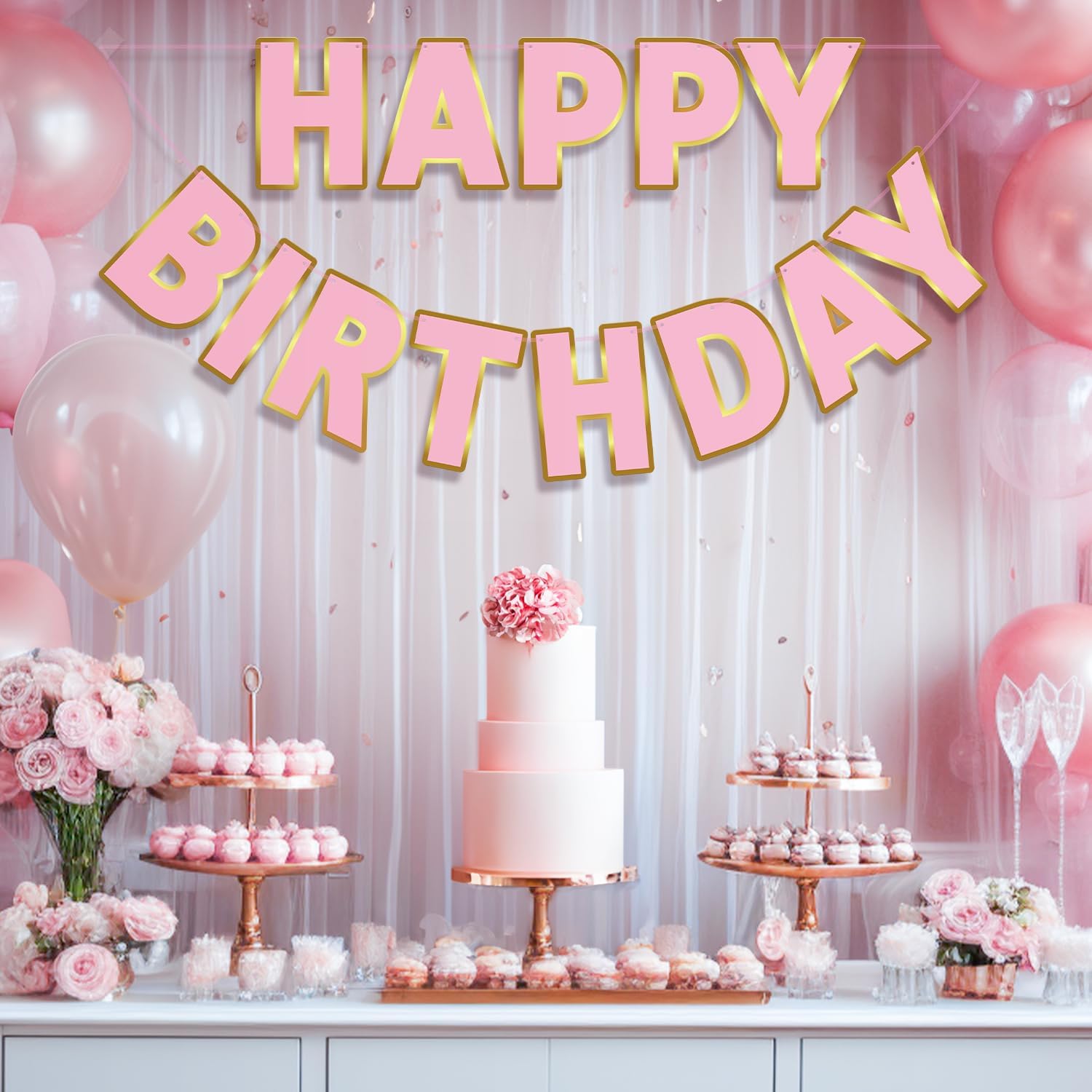 Happy Birthday Banner 9ft Pink Gold Pre-Strung Decor