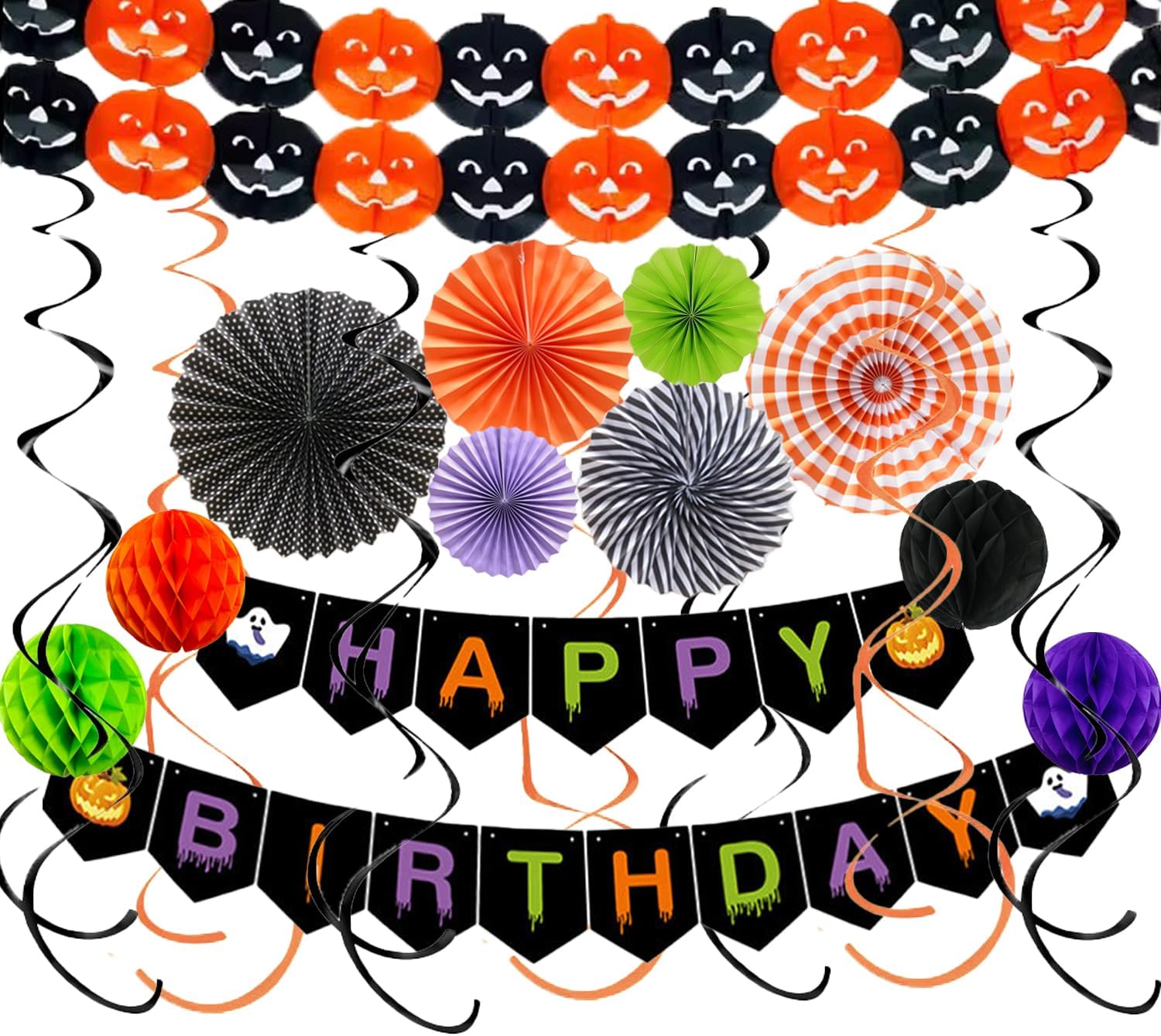 Halloween Birthday Decorations Paper Fans Pom Poms Streamers Garland
