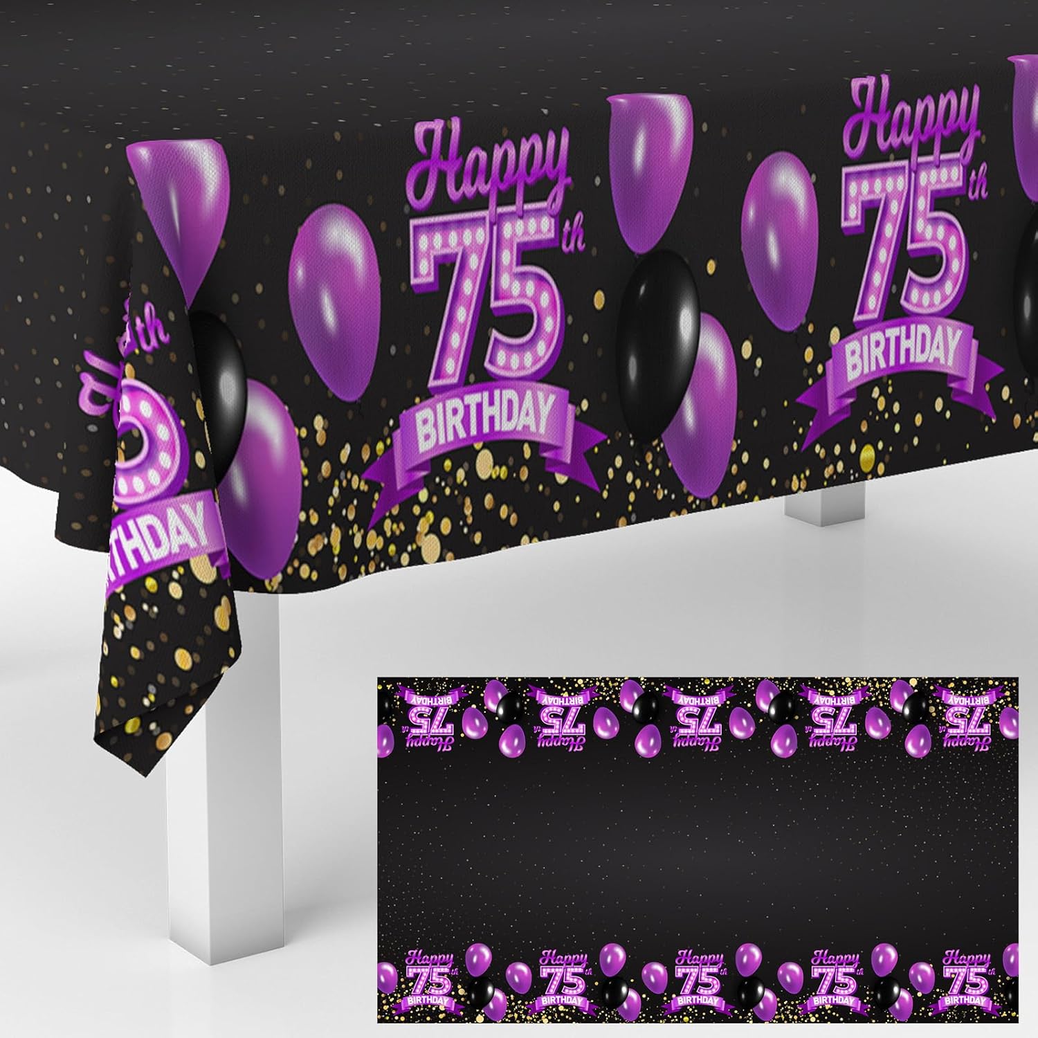 75th Birthday Tablecloth Purple Black Rectangle 53x104 Inches