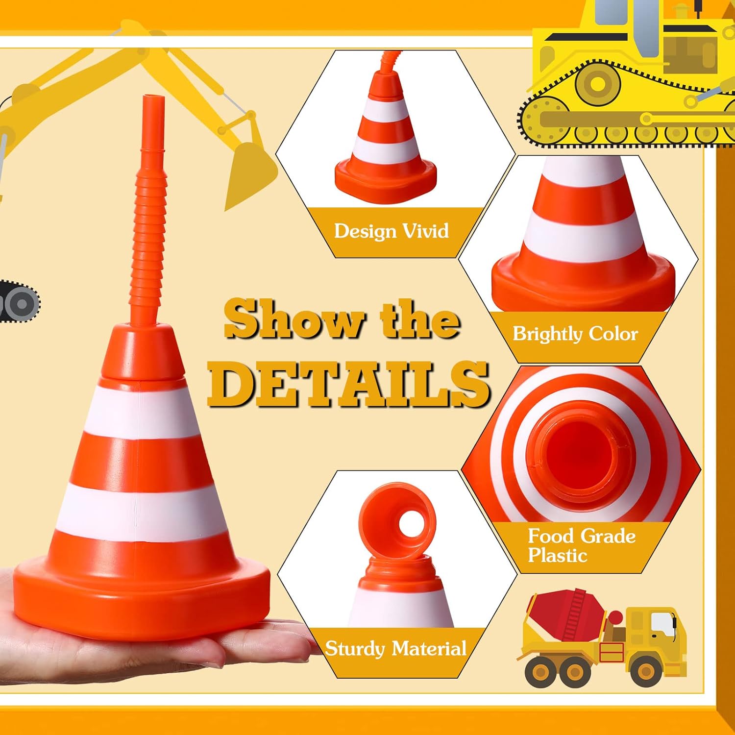 Sawysine 8 Pack Construction Cone Cups with Straws