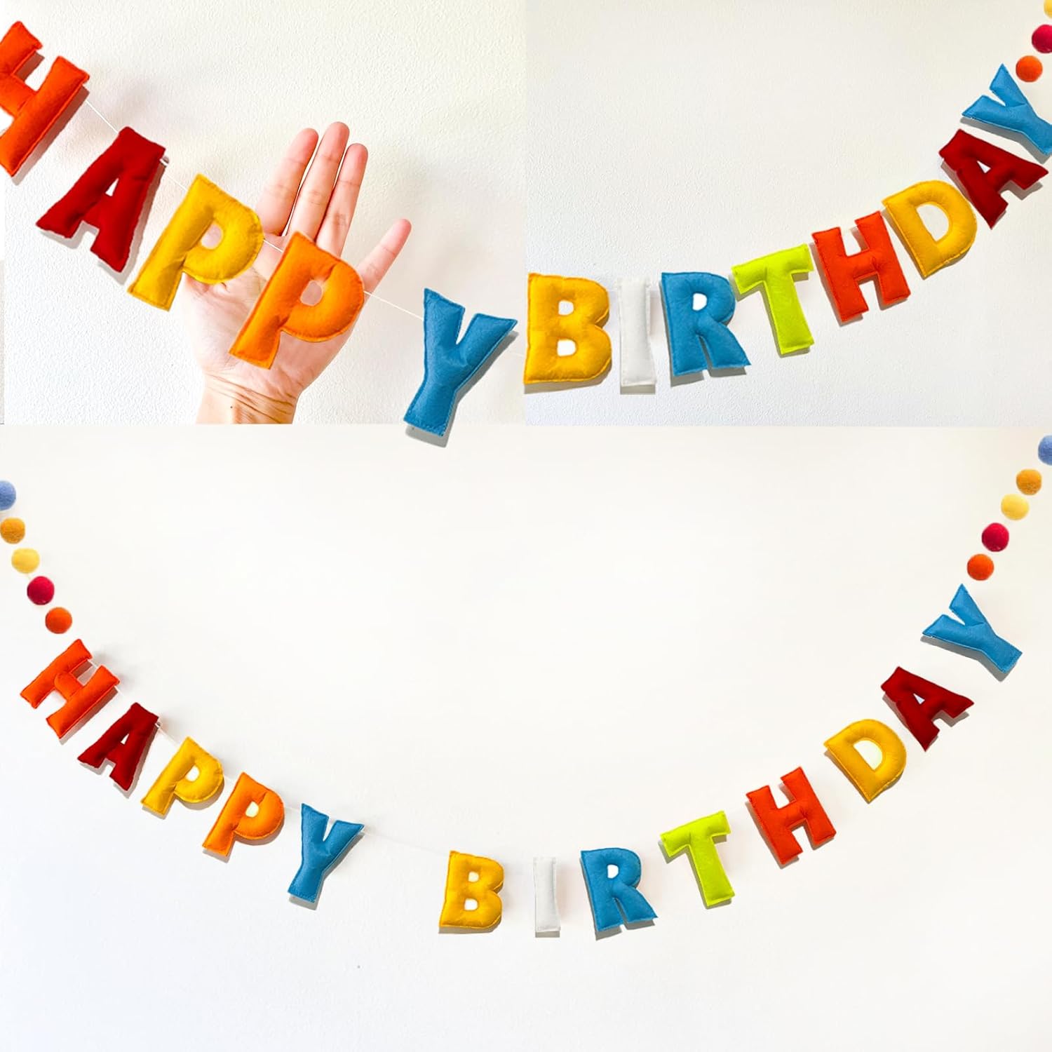 Pre-Strung Happy Birthday Banner with Wool Balls