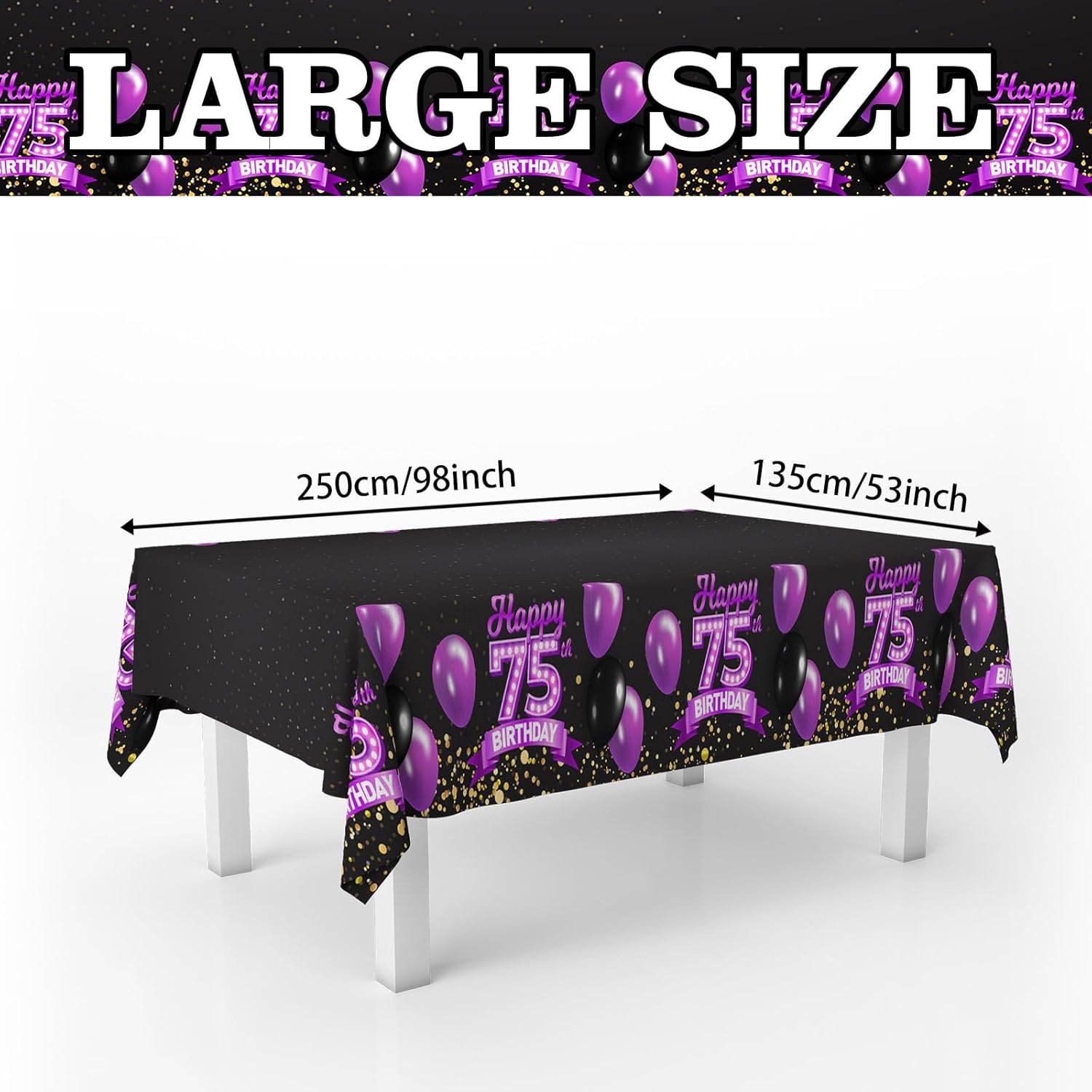 75th Birthday Tablecloth Purple Black Rectangle 53x104 Inches