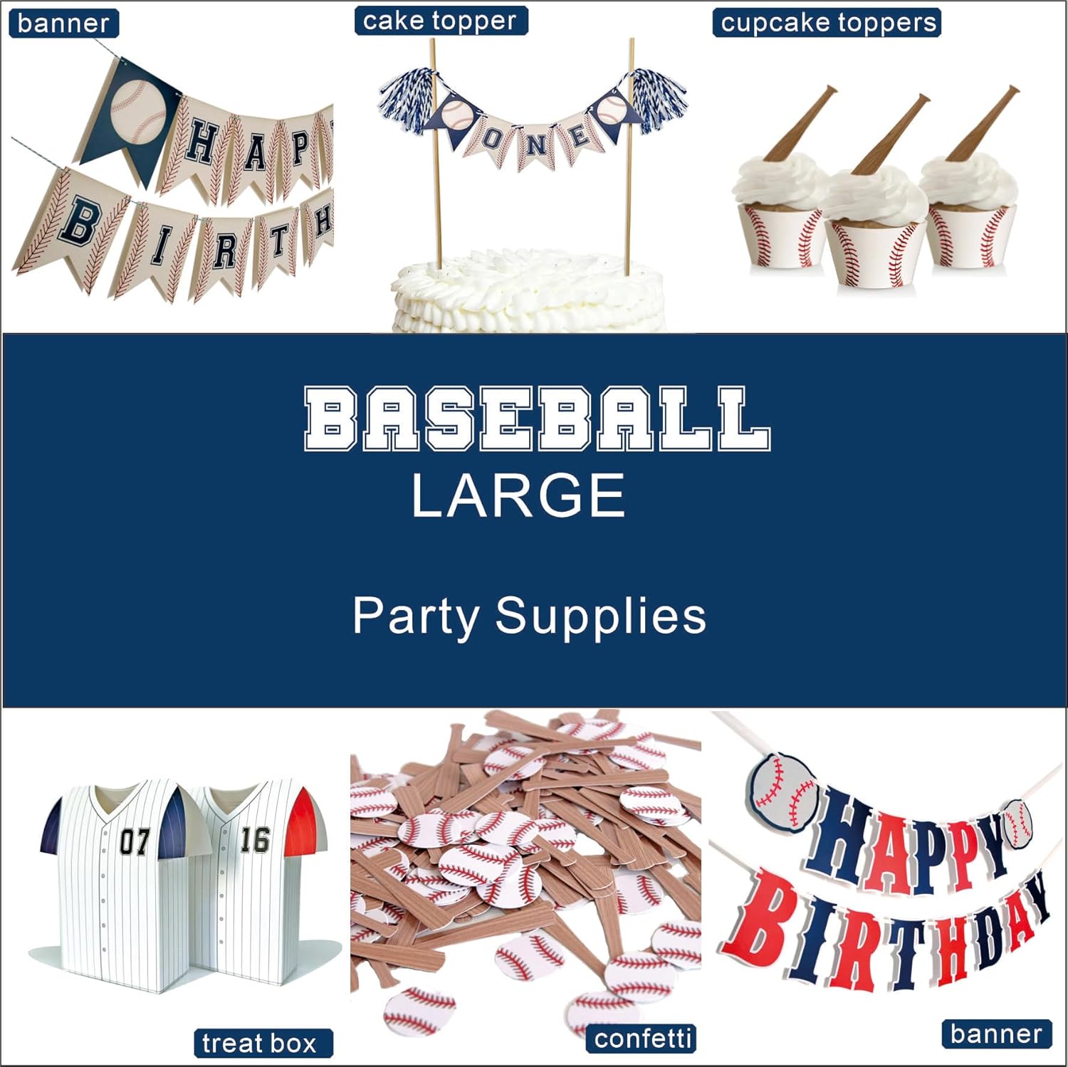 Baseball Birthday Banner Set Navy Blue Red White