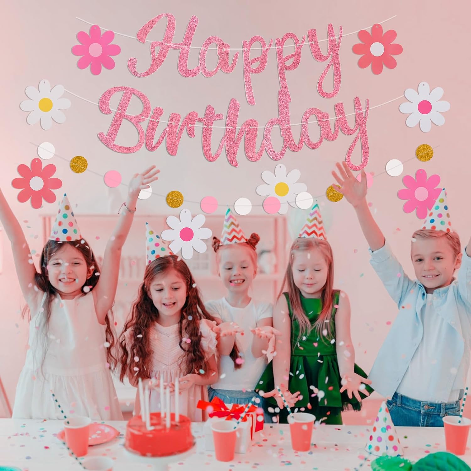 Pink Birthday Banner with Flowers and Garland