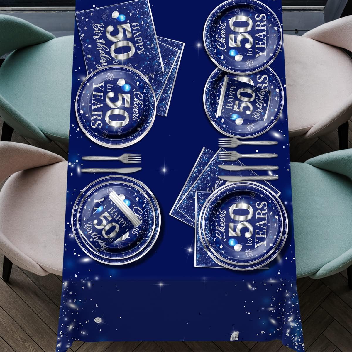 50th Birthday Tableware Set with Blue and Silver Decorations