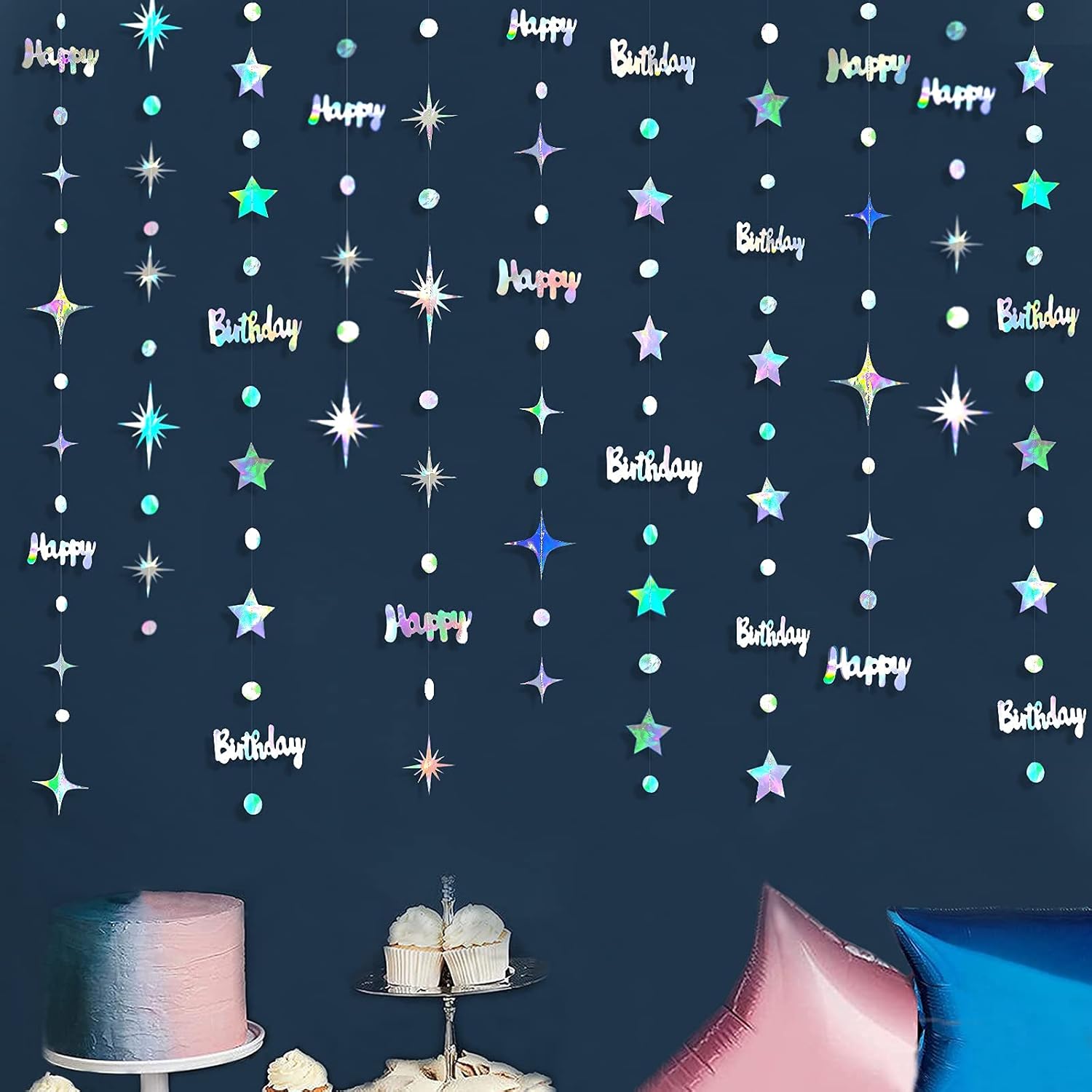Iridescent Happy Birthday Garland Circle Dots Stars