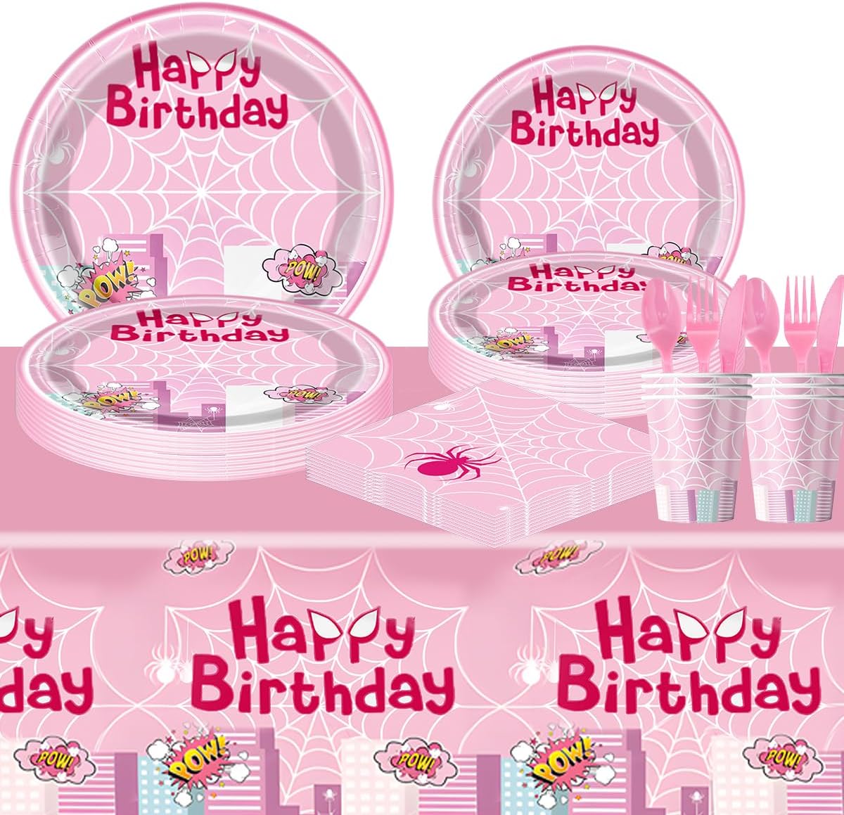 OU RUI 81 Pcs Pink Spider Party Tableware Set