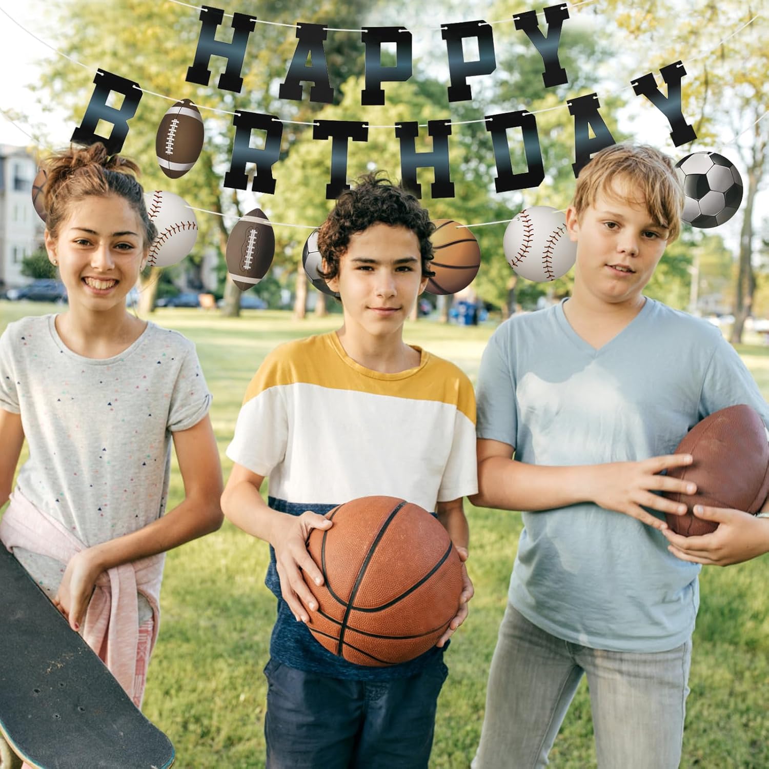 Sports Birthday Banner with Happy Birthday Flags and Balls