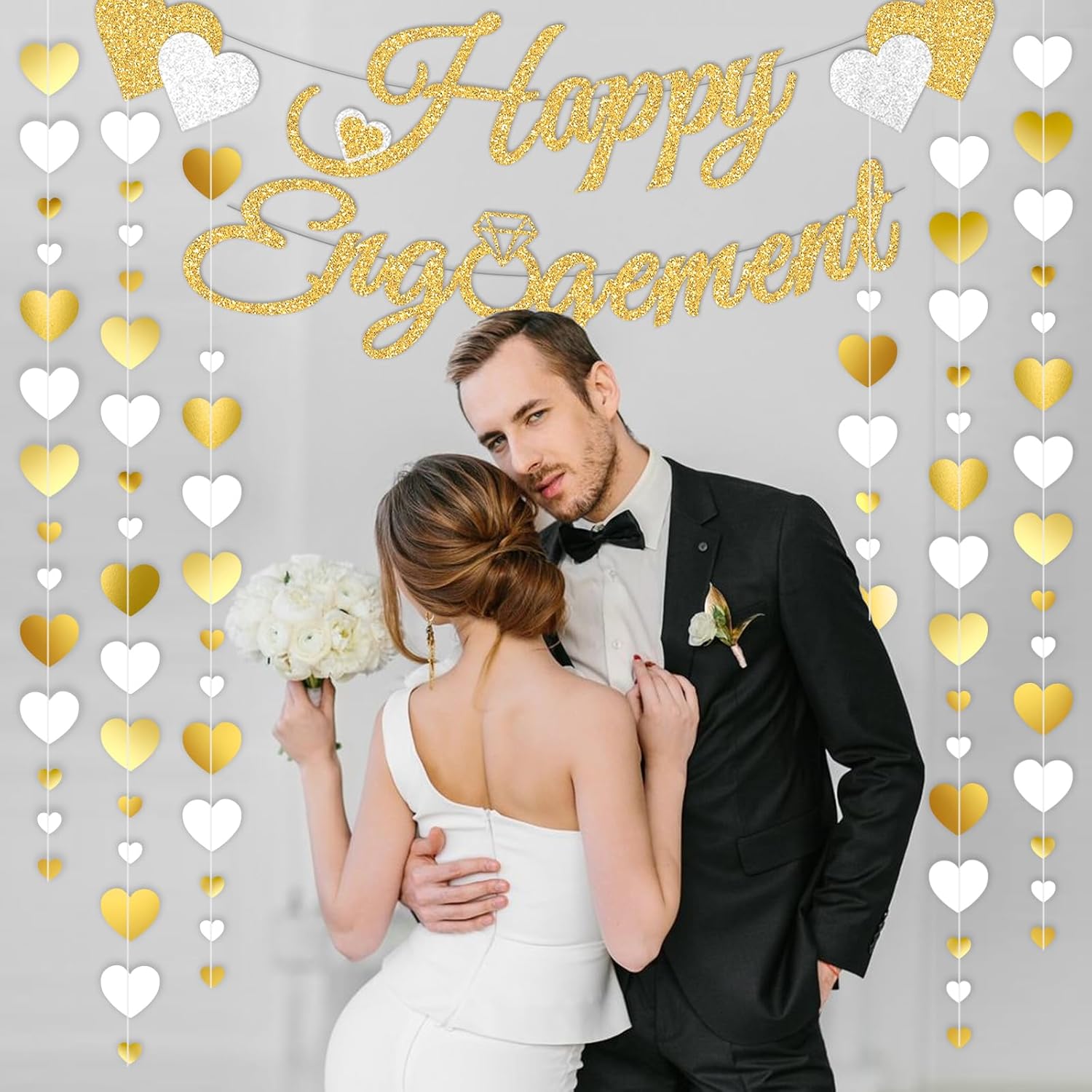 Pre-Strung Glitter Happy Engagement Banner with Heart Garland