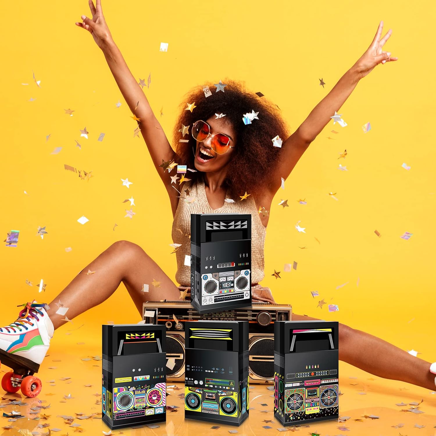 Nezyo 24 Piece 80s 90s Party Favor Bags with Retro Boombox Designs