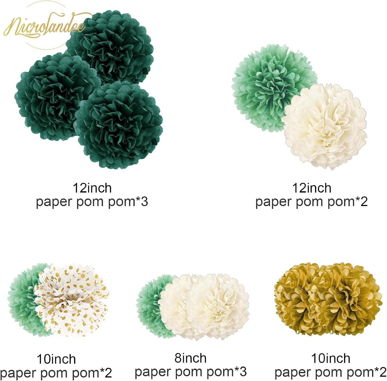 NICROLANDEE Green Tissue Pom Poms - 12PCS for Weddings and Parties