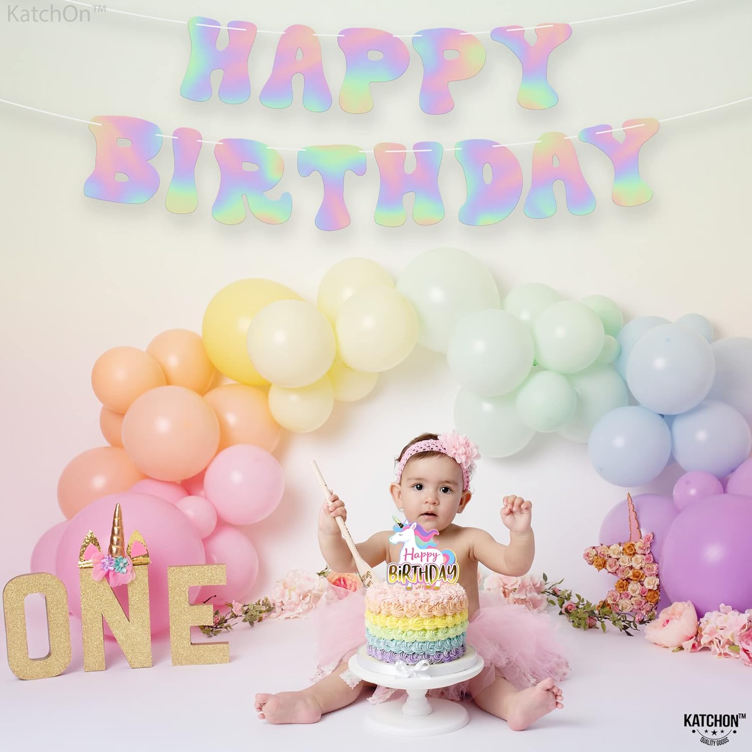 KatchOn Iridescent Happy Birthday Banner - 10 Feet Prestrung