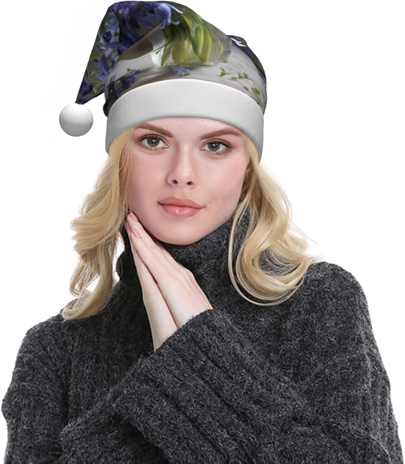 QinZheng Personalized Santa Hat with Bluebell Bouquet Print