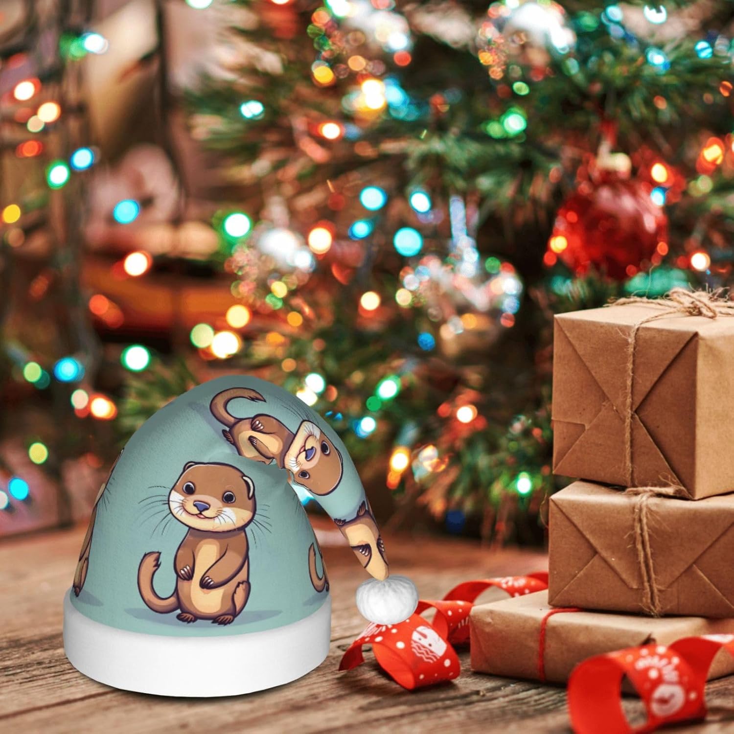 QINZHENG Cartoon Otters Santa Hat for Women