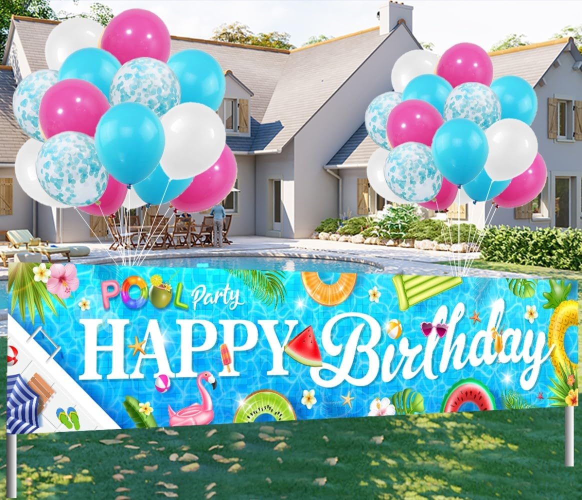 Hakoti Hawaiian Birthday Pool Banner with 30 Balloons
