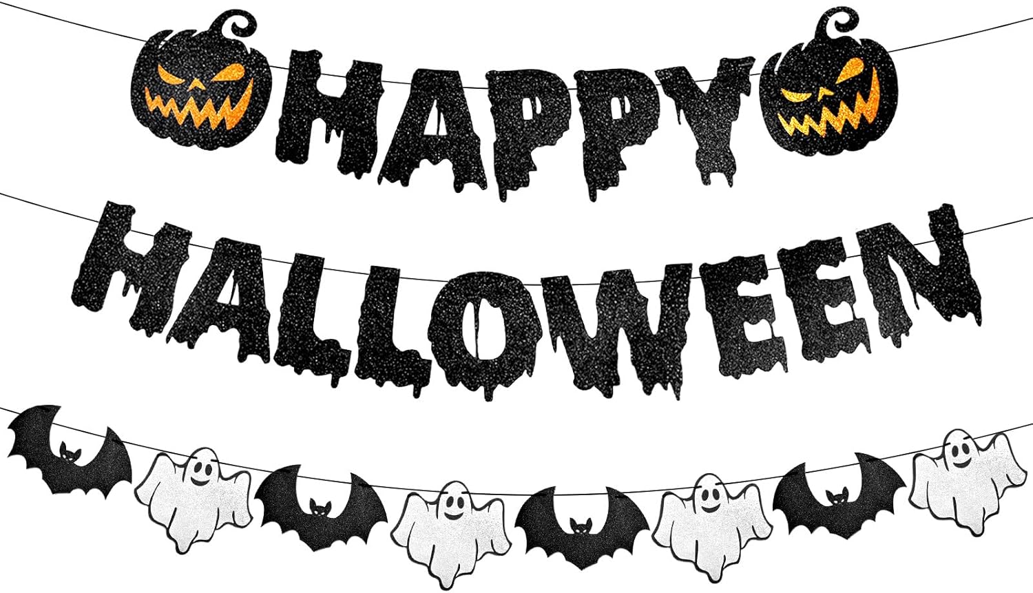 Black Glitter Happy Halloween Banner with Pumpkin Ghost Bat