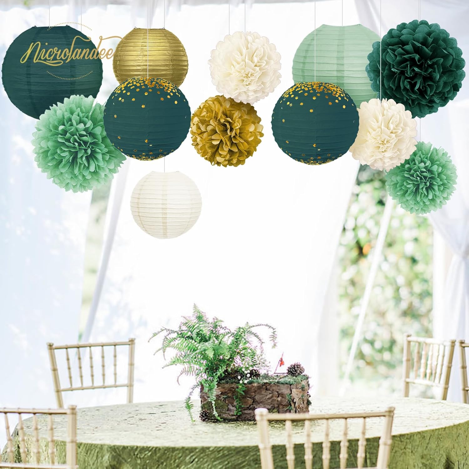 NICROLANDEE Green Tissue Pom Poms and Lanterns Decor Kit