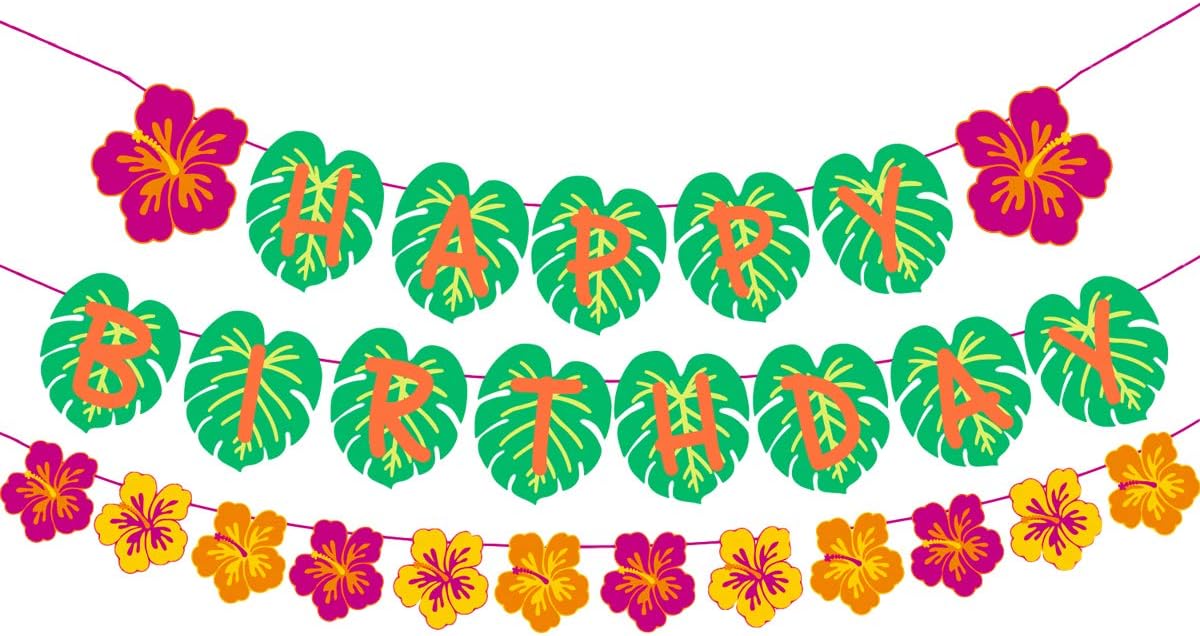 Hawaiian Party Happy Birthday Banner for Tropical Luau Decorations