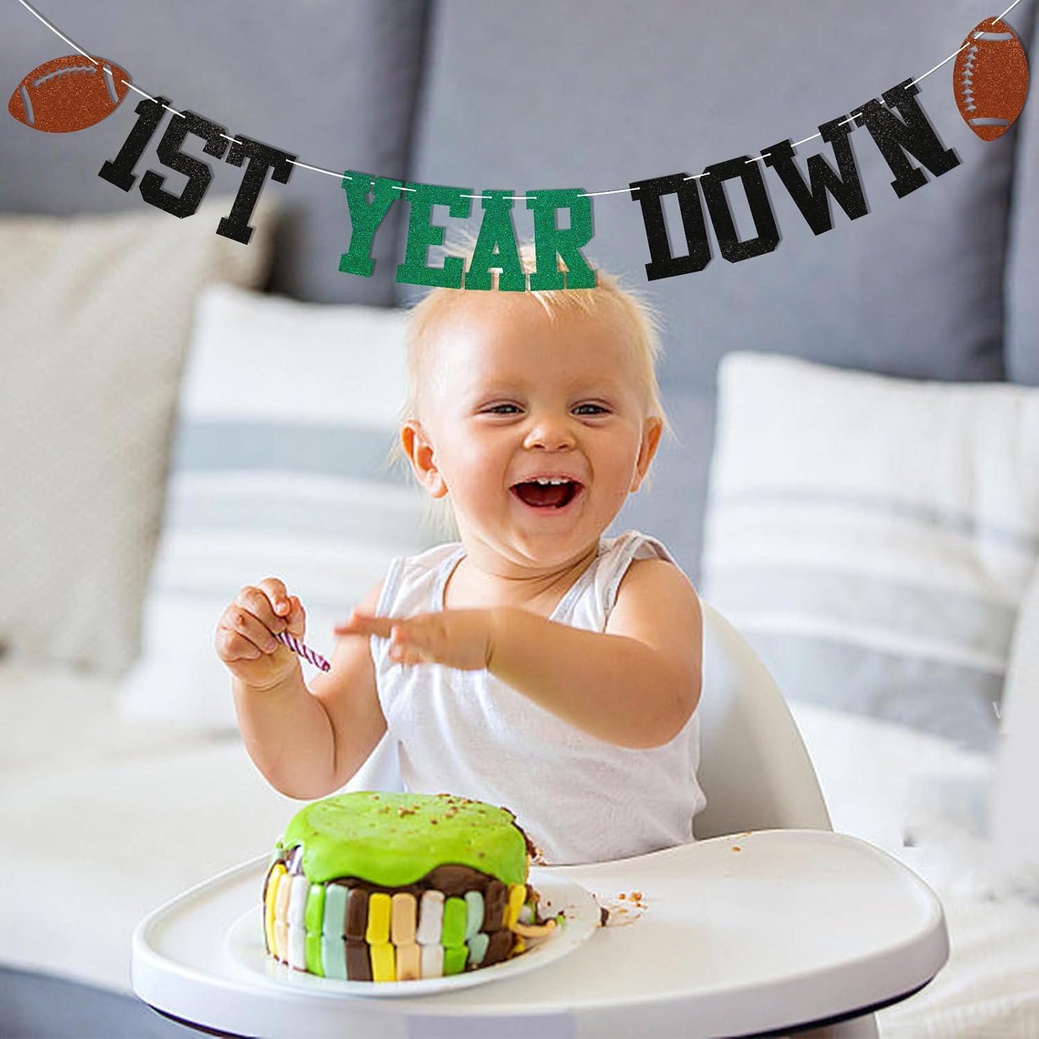 Pre-Strung Football 1st Birthday Bunting Banner Green Black Glitter