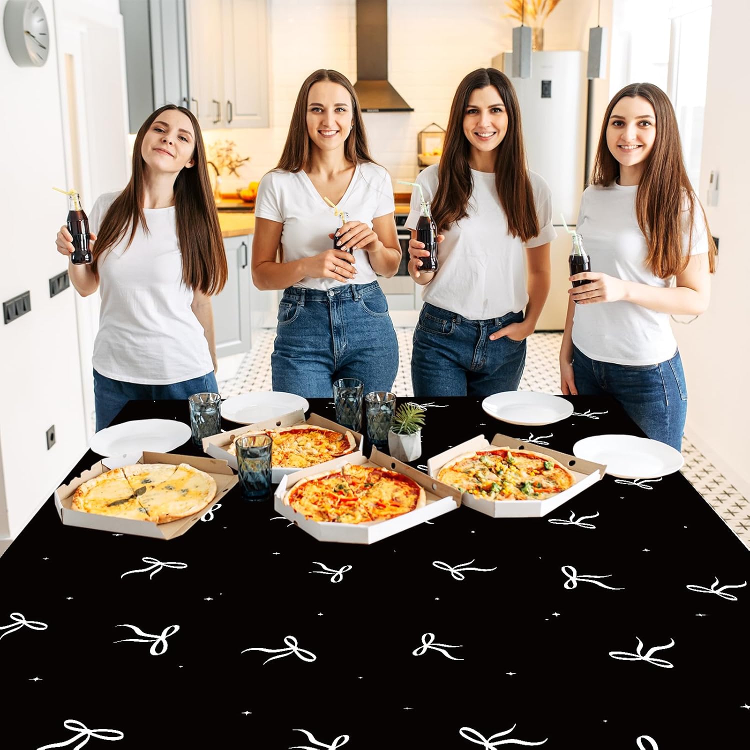 4Pcs Black White Bow Tablecloth for Birthday Party Decorations