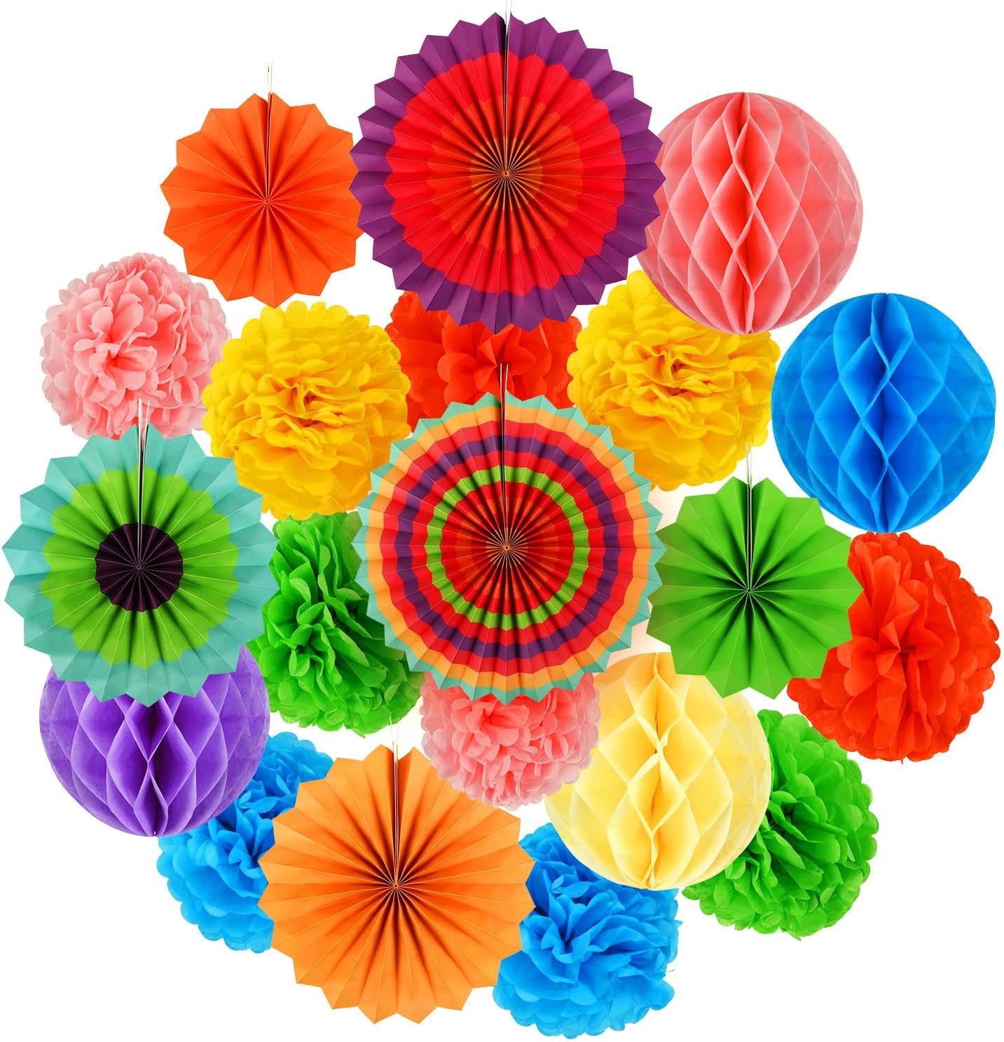 Koboome Rainbow Hanging Paper Fan Set with Pom Poms