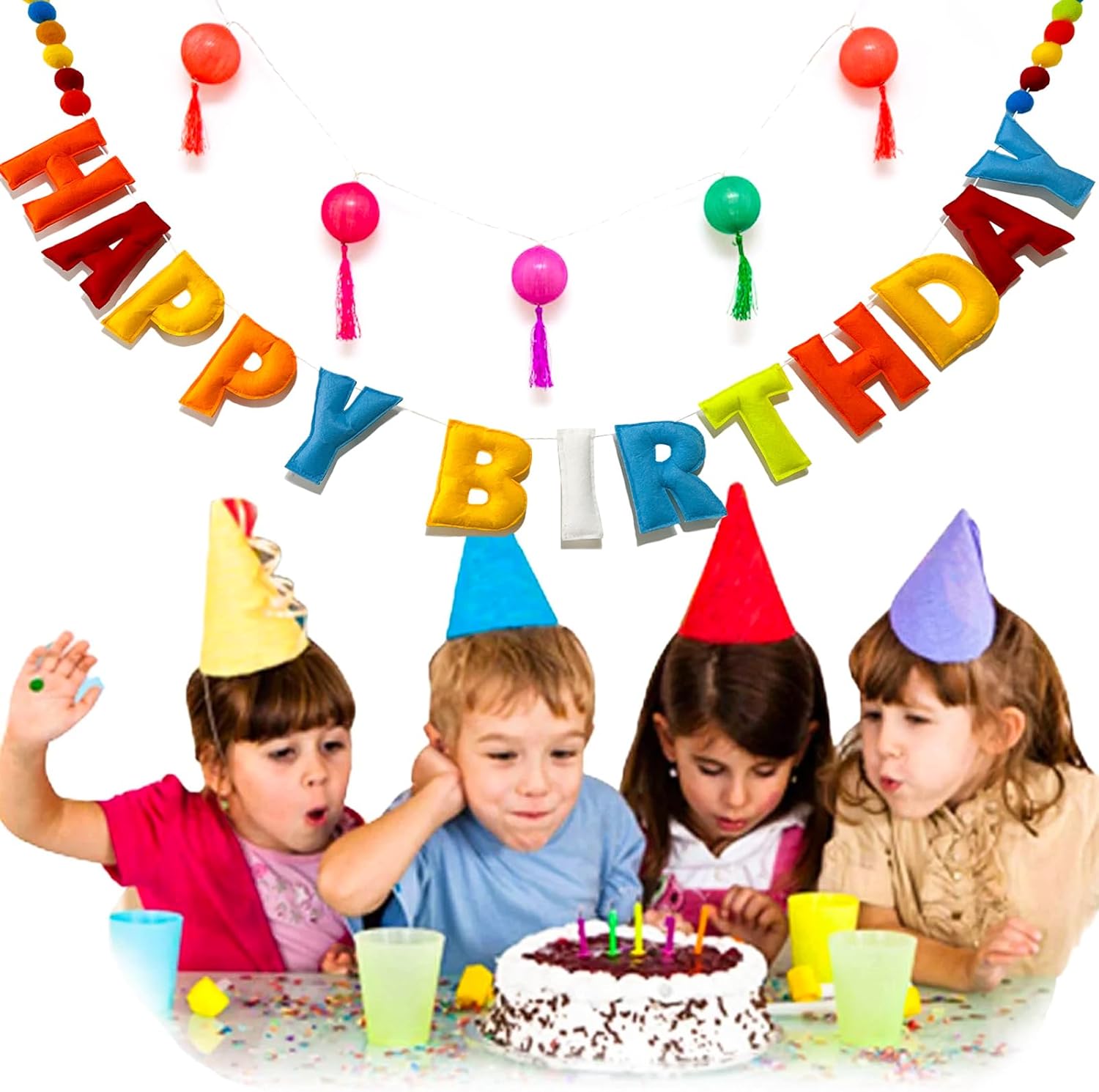 Pre-Strung Happy Birthday Banner with Wool Balls