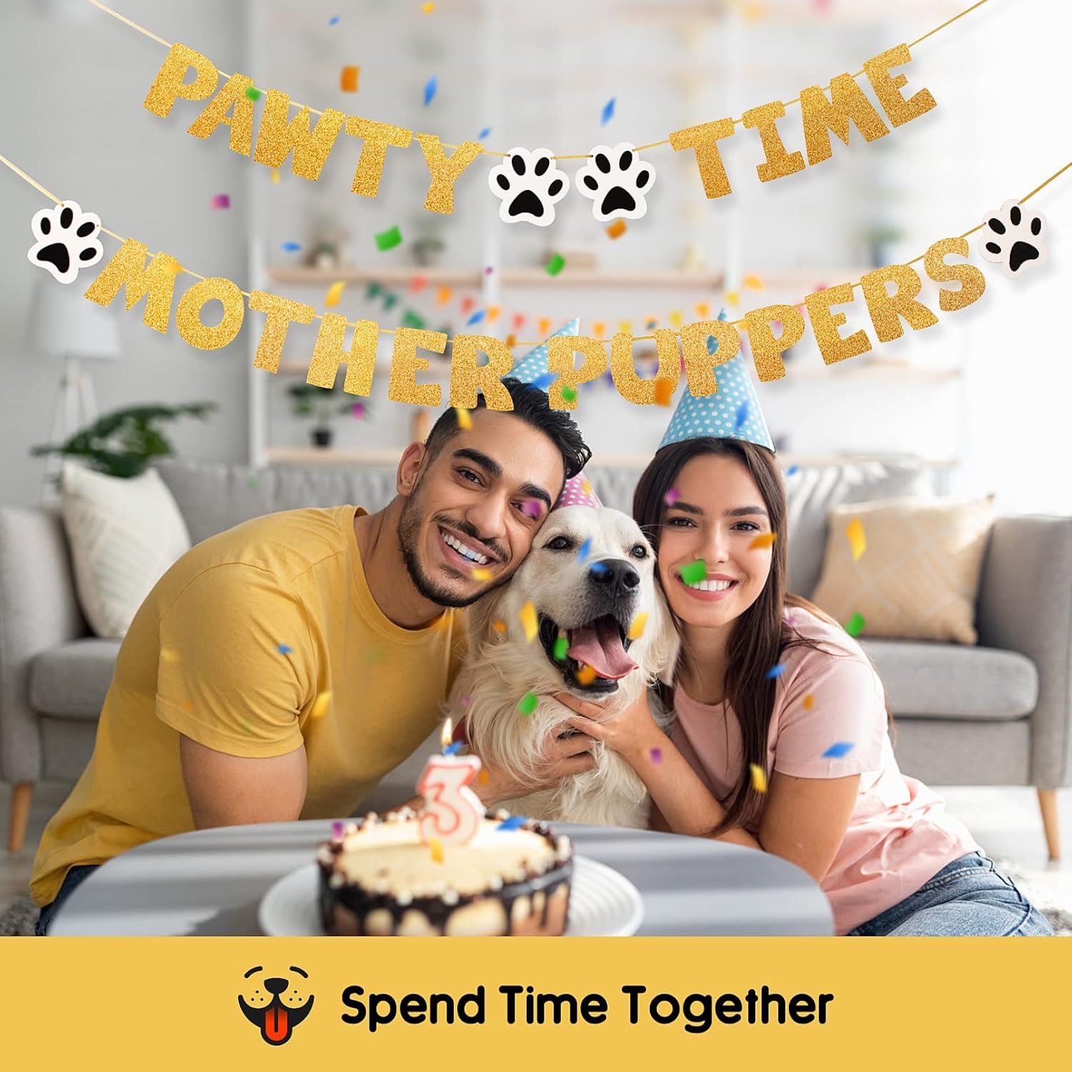 Pre-Strung Dog Birthday Banner with Gold Glitter