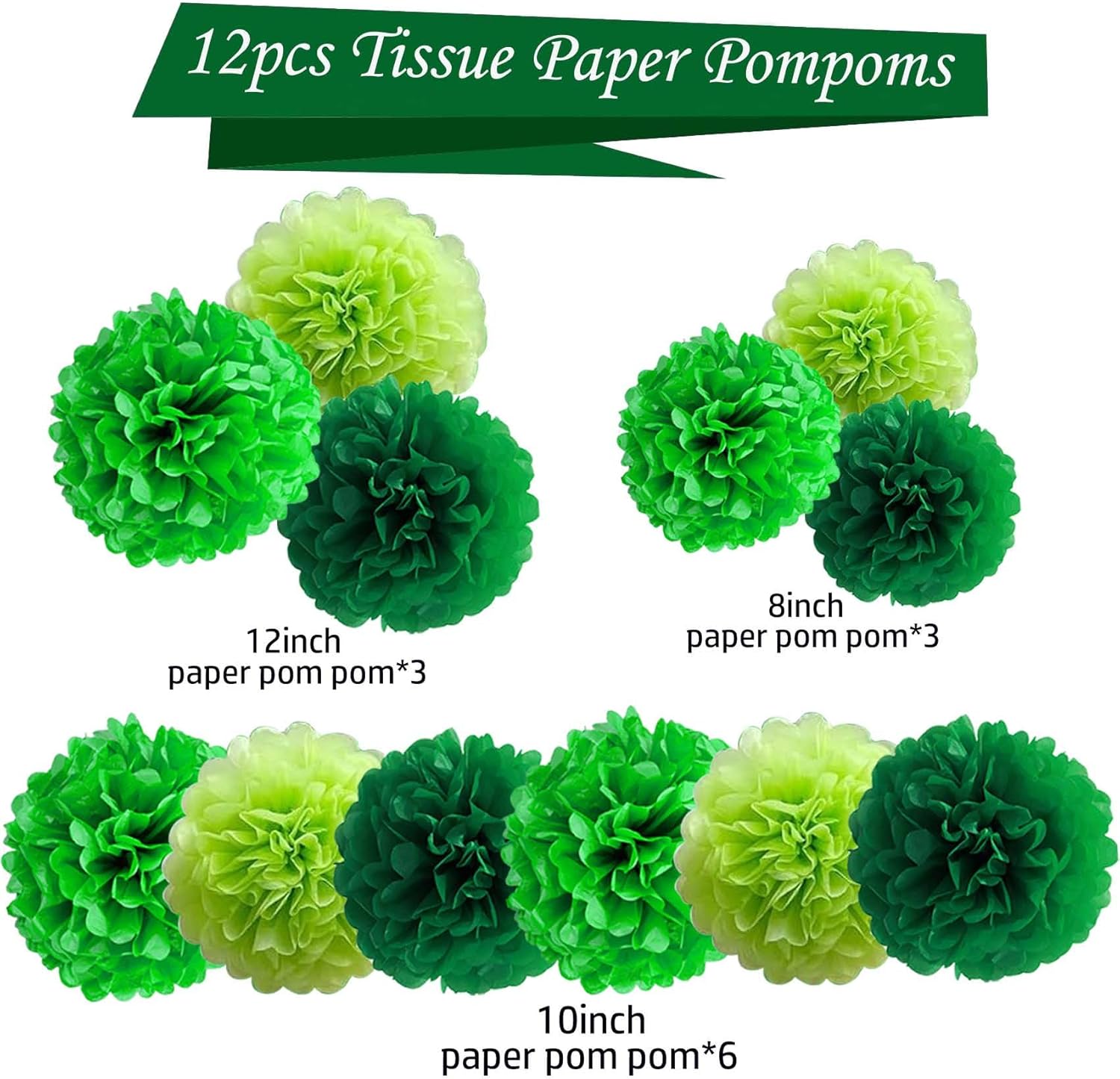 Green Tissue Paper Pom Poms Flowers Decorations 12 Pcs