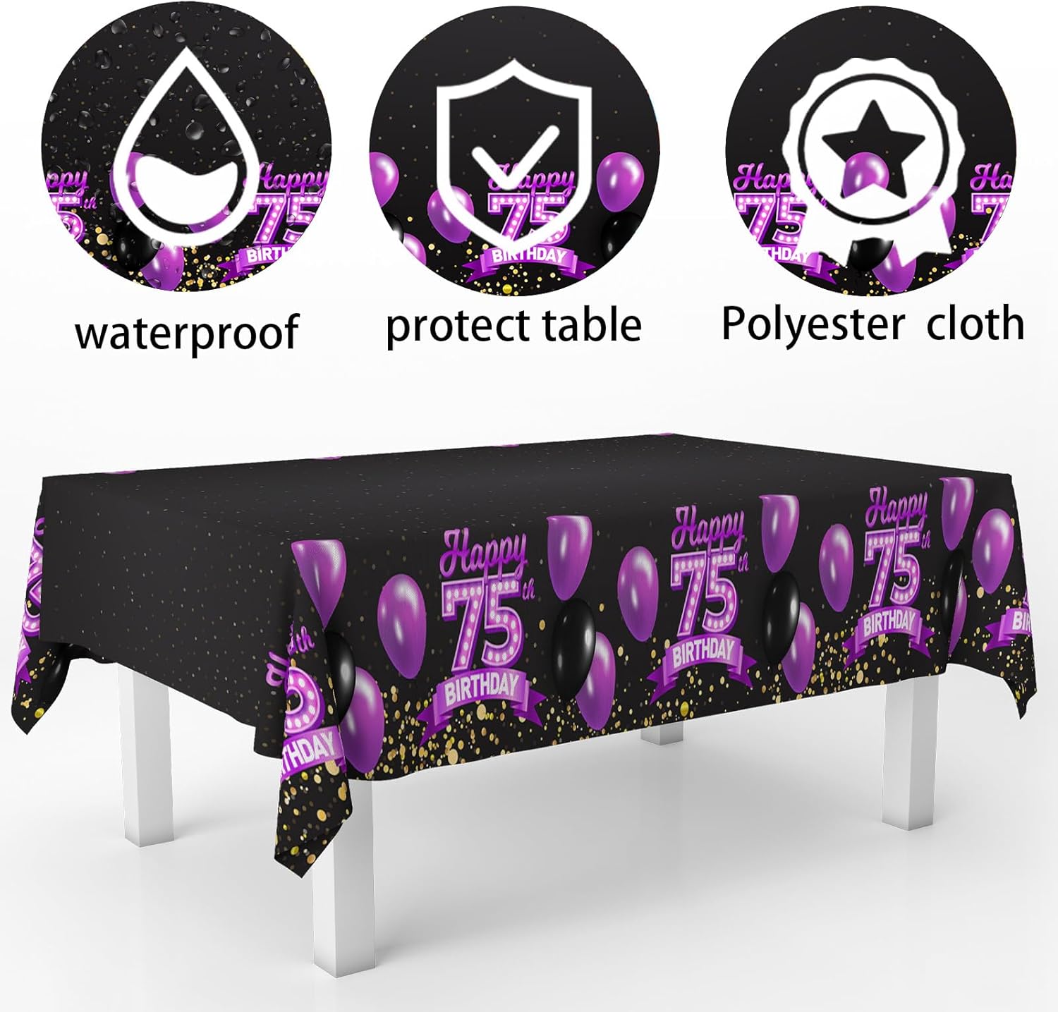 75th Birthday Tablecloth Purple Black Rectangle 53x104 Inches