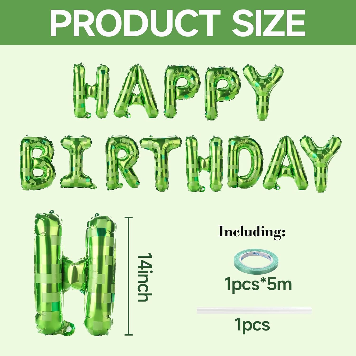 Green Pixel Happy Birthday Foil Balloons for Party Decor