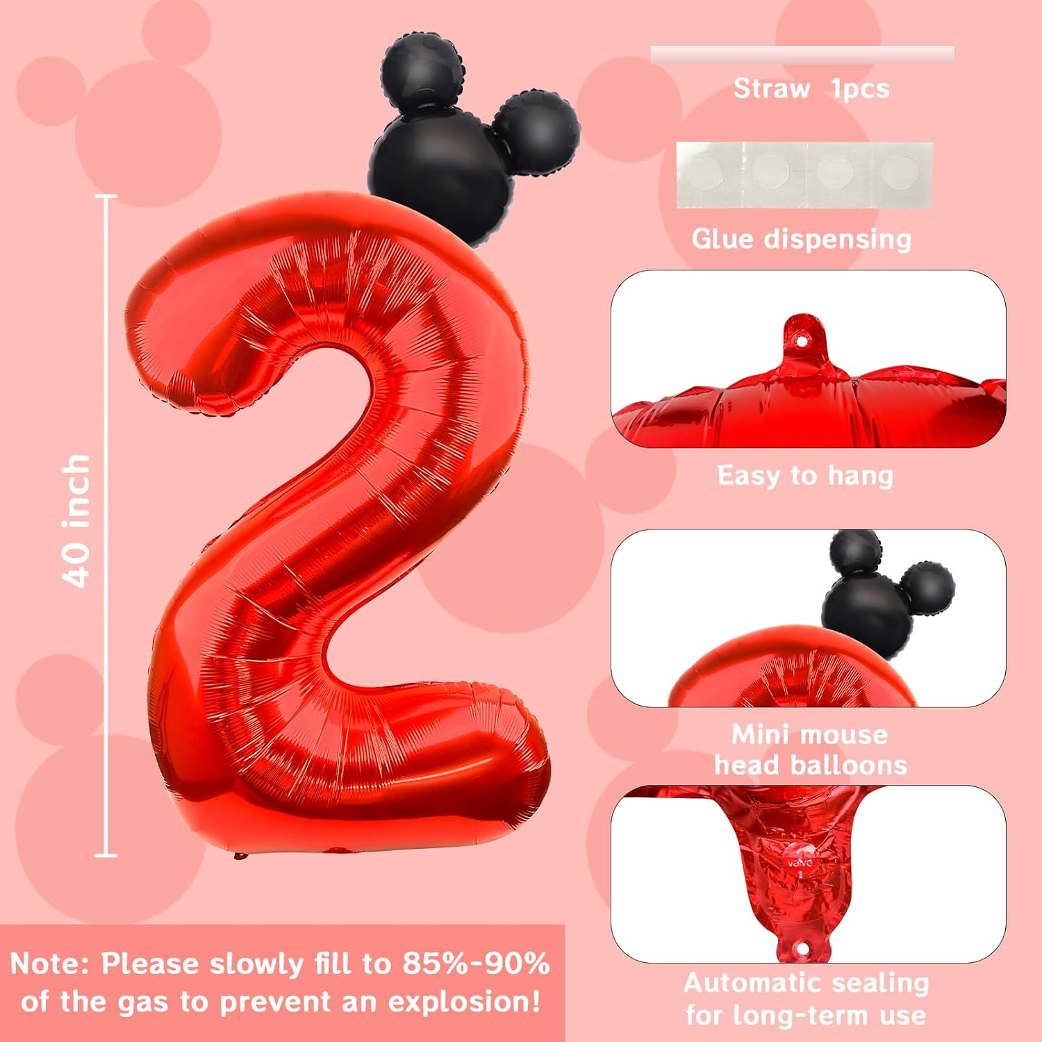 Mouse Number 2 Balloon Set 40 inch Red 18 inch Mini Mouse Head