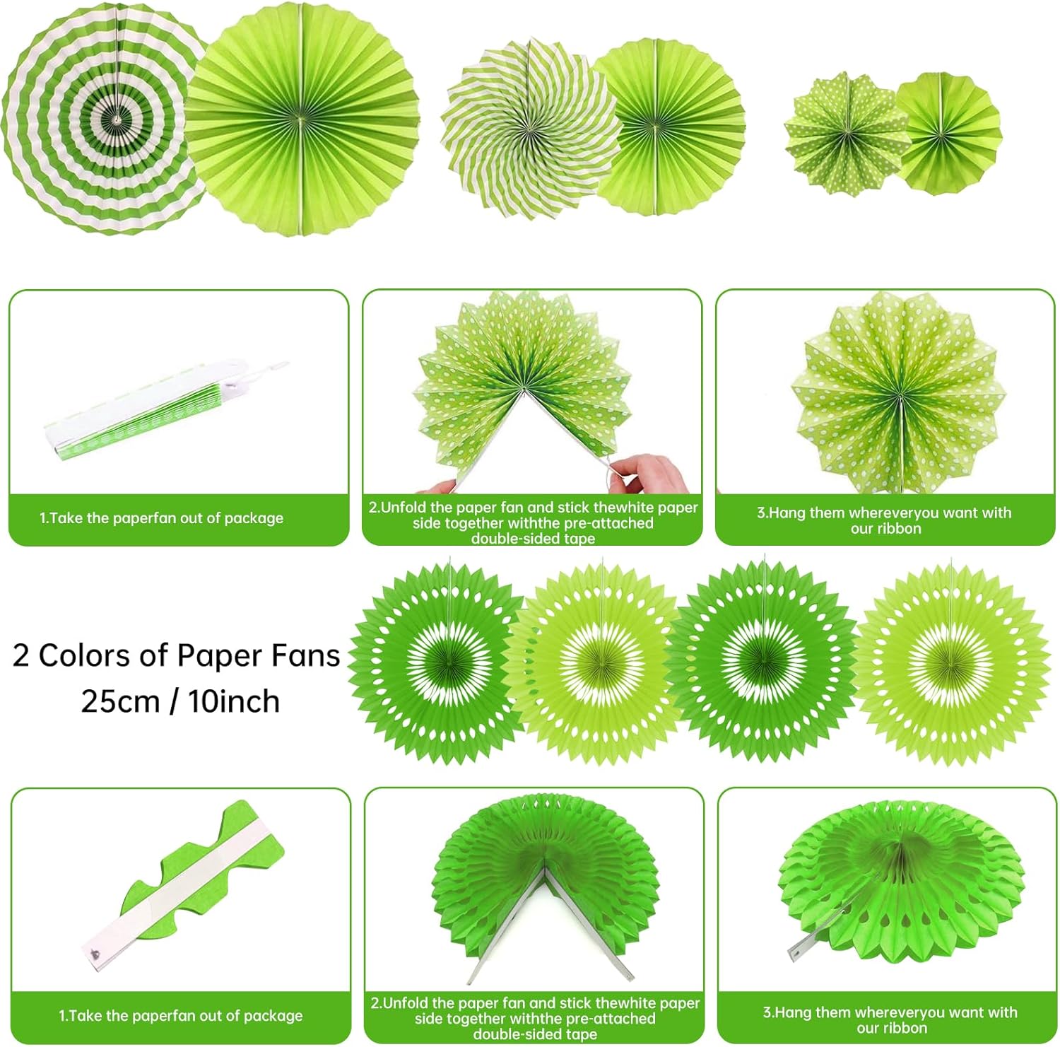 Green Party Decorations with Hanging Fan Pom Poms Garland Pennant