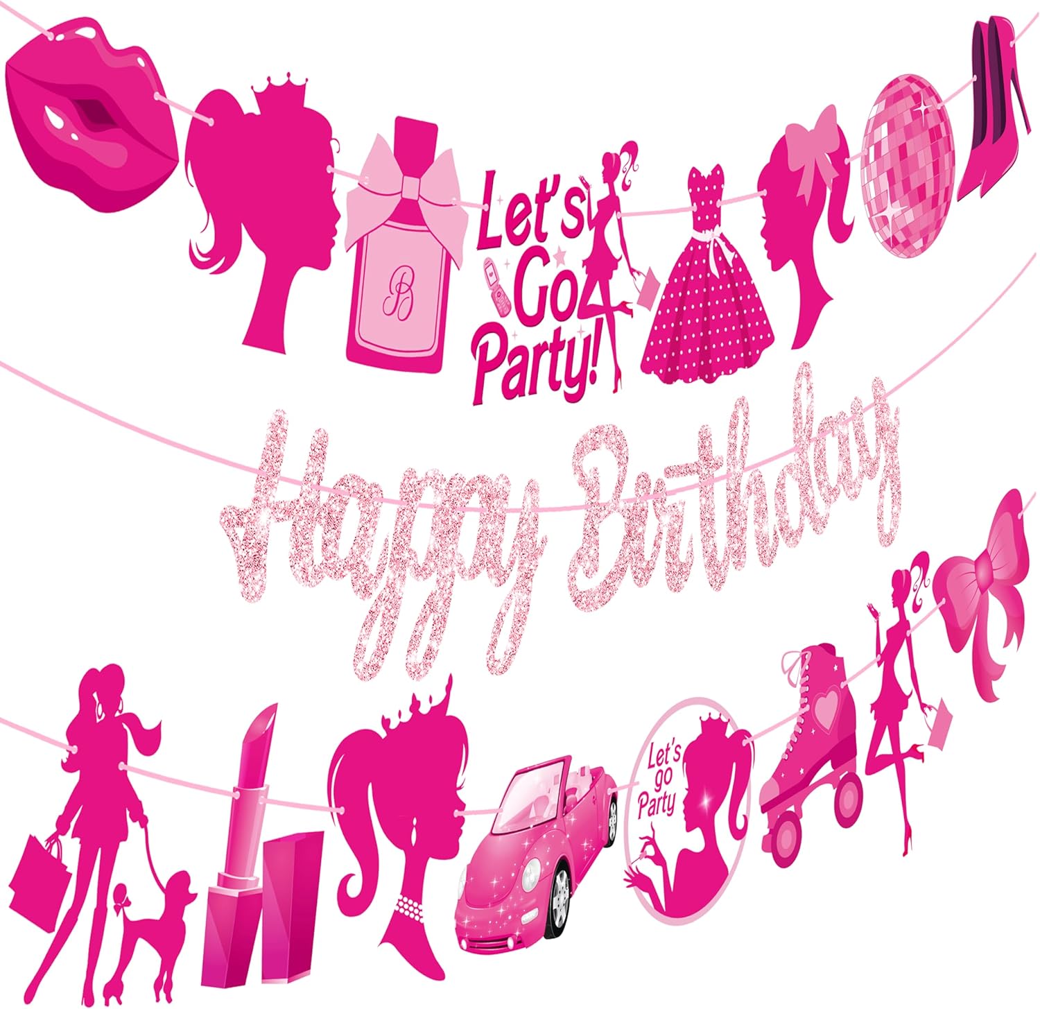 3 Pcs Hot Pink Girl Birthday Banners Decorations