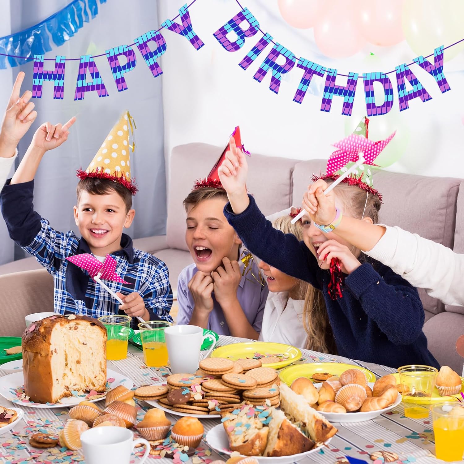 Video Game Birthday Banner Blue Purple Pre-Strung Party Decoration