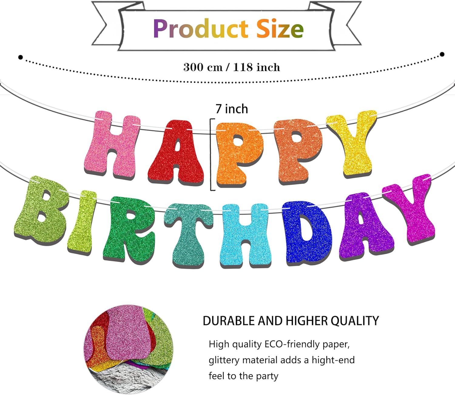 Pre-Strung Rainbow Happy Birthday Banner - Glitter Garland Decor