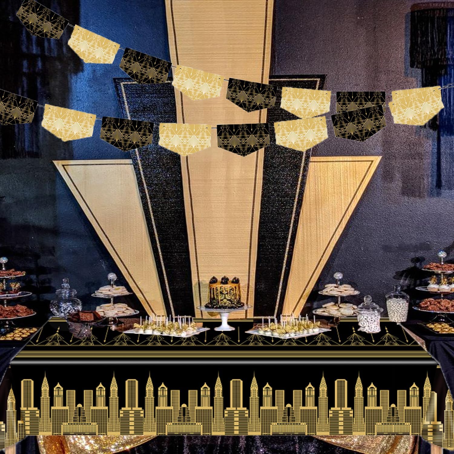3pcs Roaring 1920s Black Gold Tablecloths for Party Decorations