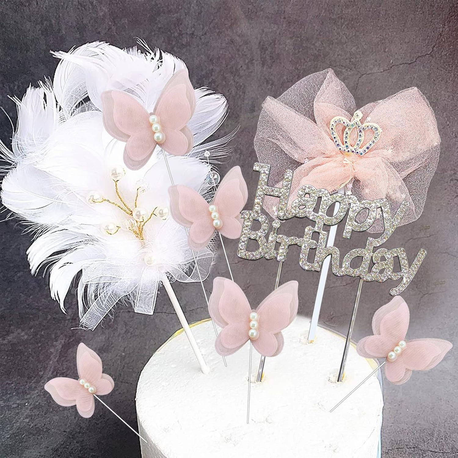 Sparkling Cake Topper Set with Butterfly and Pink Bow