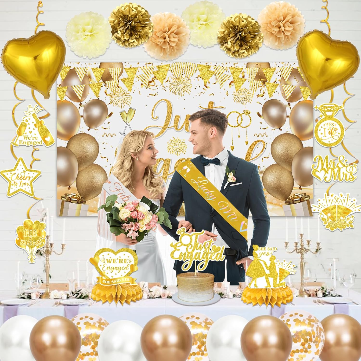 Gold Engagement Party Decorations Set with Balloons and Swirls
