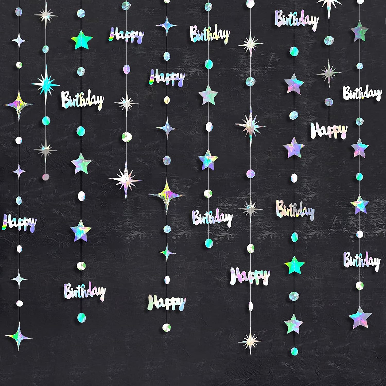 Iridescent Happy Birthday Garland Circle Dots Stars