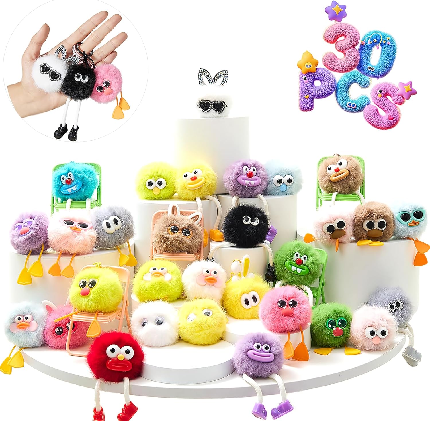 30 pcs Fluffy Plush Kids Keychains Set