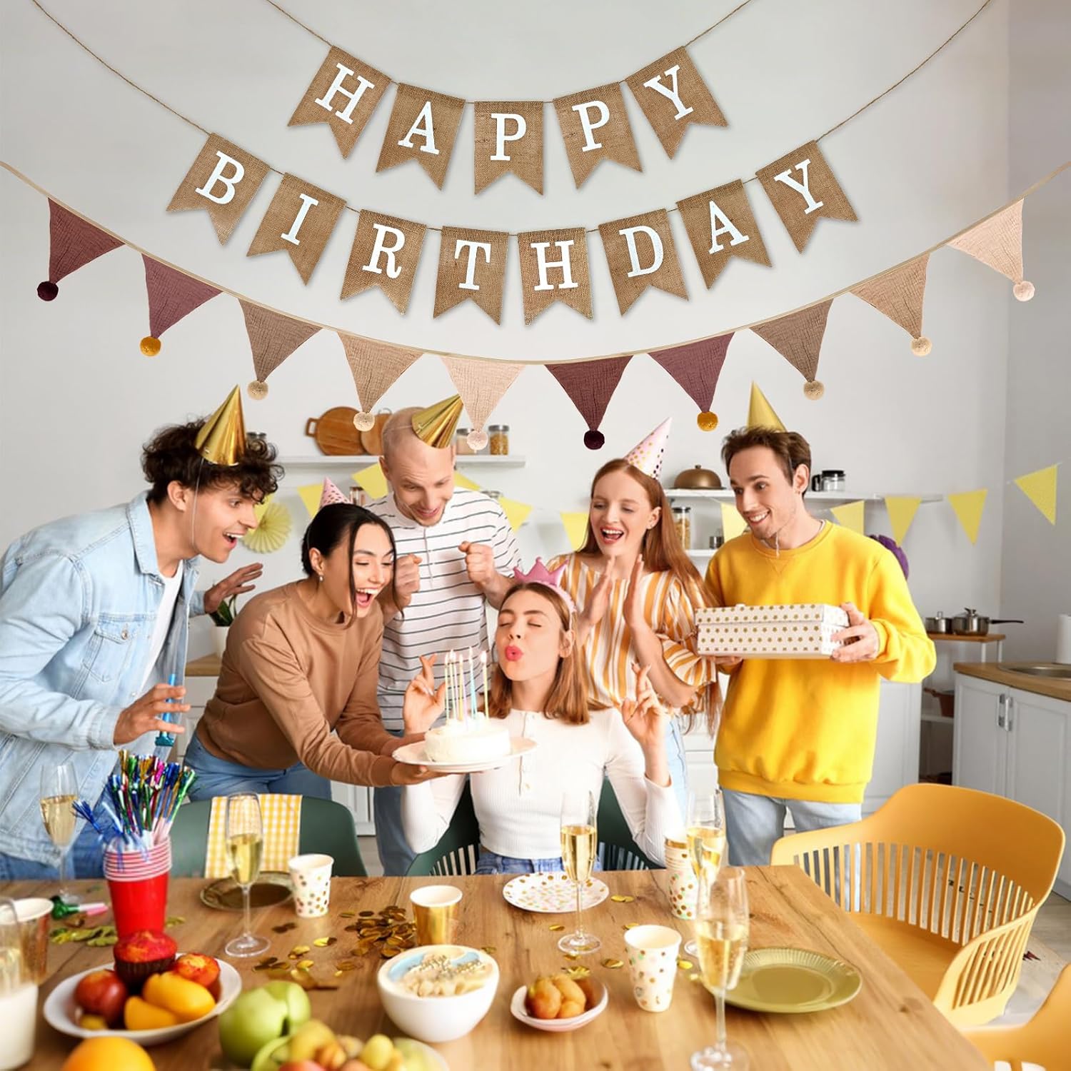 Burlap Happy Birthday Banner with Pennant Flags