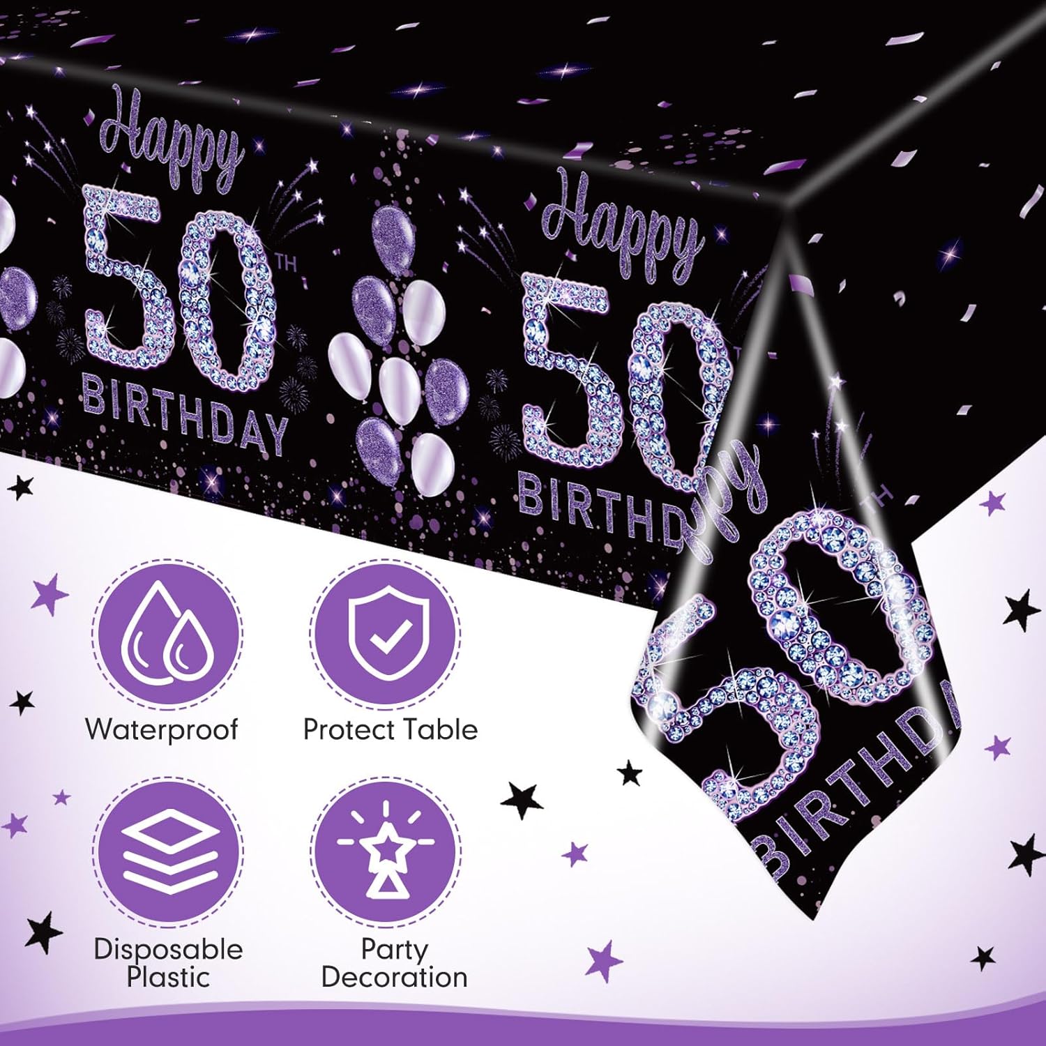 Ganeen 3 Pack Birthday Tablecloth Purple Black 50th Birthday Decorations