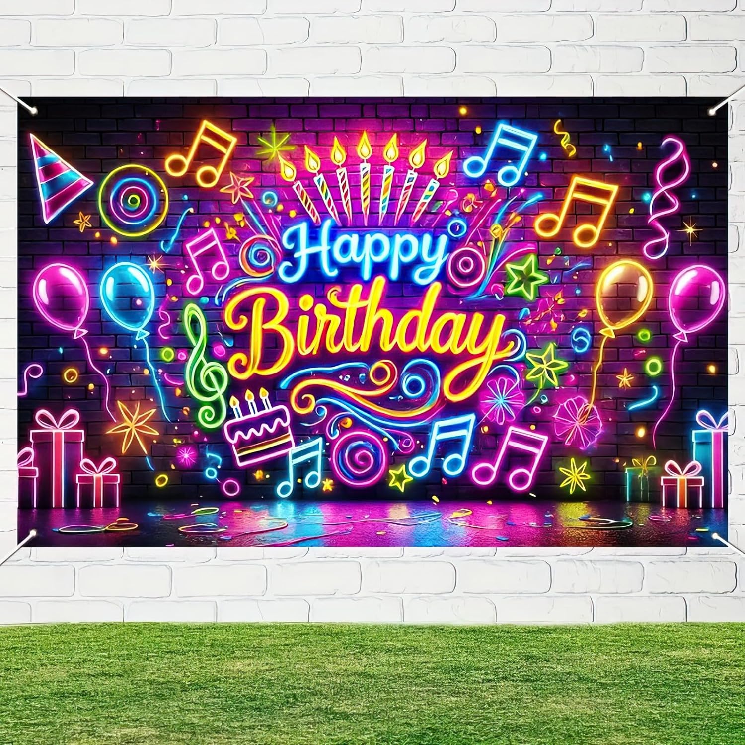 Neon Birthday Banner 71x43 Inch Glow in the Dark Photo Backdrop
